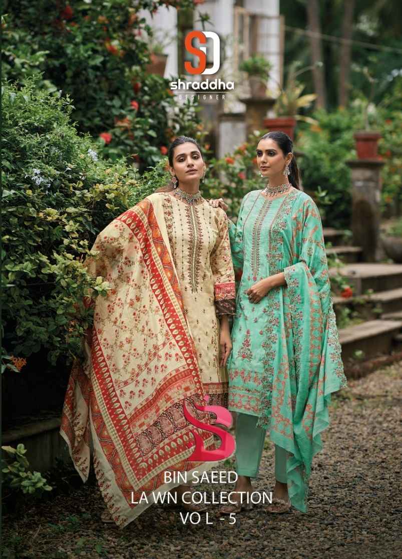 SHARADDHA DESIGNER BIN SAEED LAWN COLLECTION VOL-5 COTTON WITH SELF EMBROIDERY DESIGNER SUITS