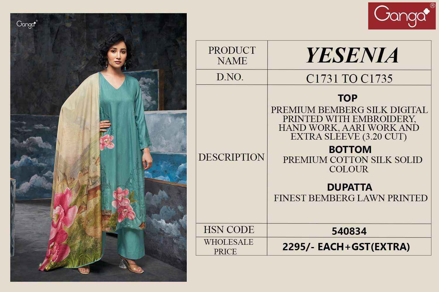 Ganga Yesenia Fancy Bemberg Silk Branded Ladies Suit Online Exporters (5 pcs catalog )