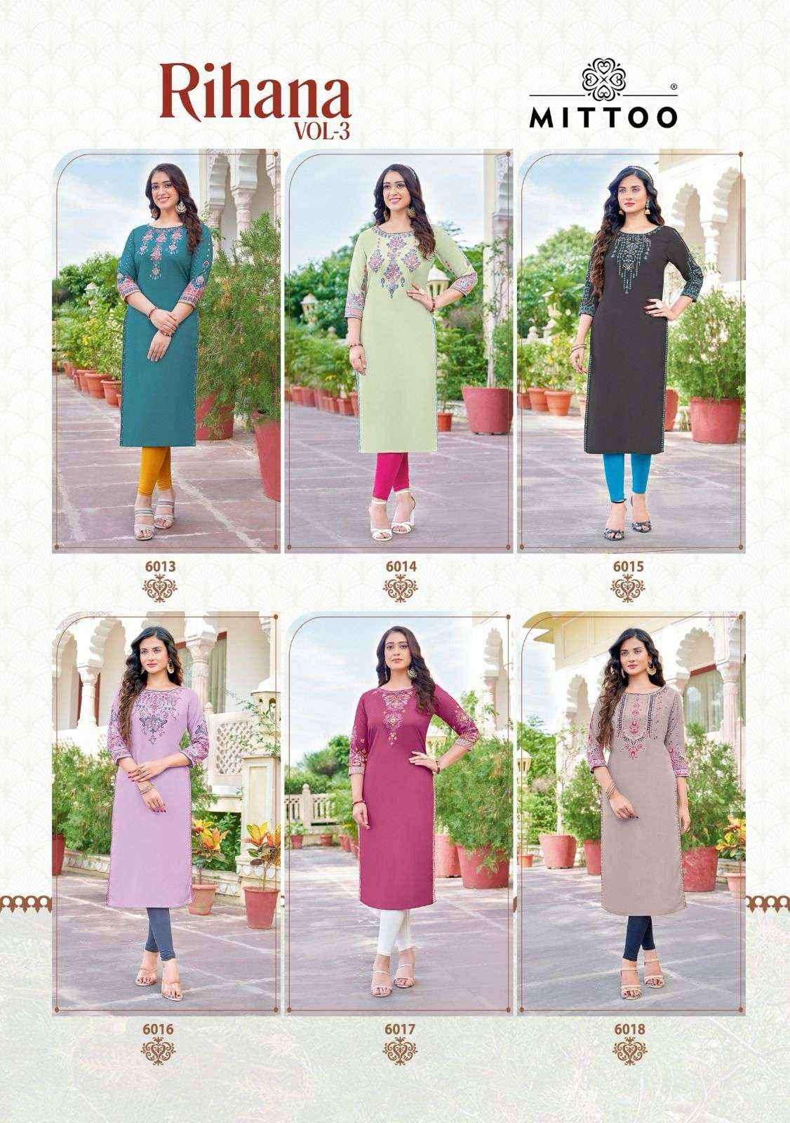 MITTOO RIHANA VOL 3 RAYON FANCY HAND WORKS KURTI ( 6 PCS CATALOG )