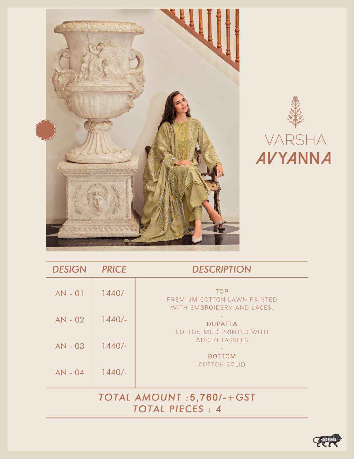 Varsha Avyanna Premium Cotton Suit Varsha Fashion Suit Exporters (4 pcs catalog )