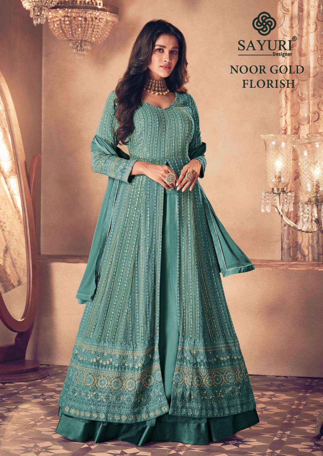 Sayuri Noor Gold Florish Indo Western Designer Dress Latest New Designs (3 pcs catalog )