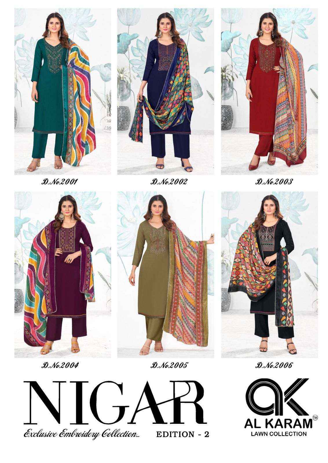 AL KARAM NIGAR VOL 2 RAYON SLUB FANCY EMBROIDERY DRESS MATERIAL ( 6 pcs CATALOG )