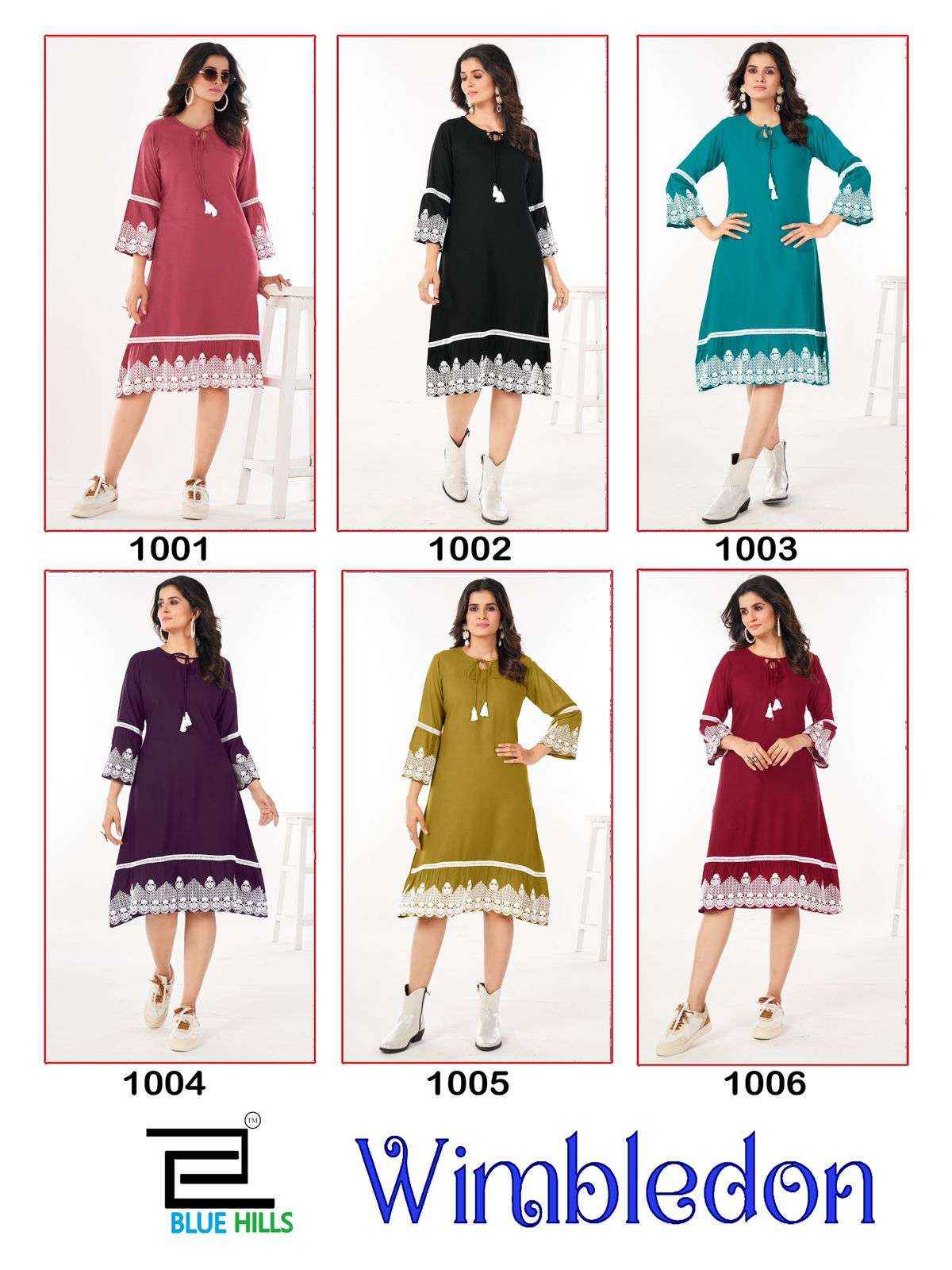 BLUE HILLS WIMBLEDON RAYON FANCY WORKS KURTI ( 6 PCS CATALOG )