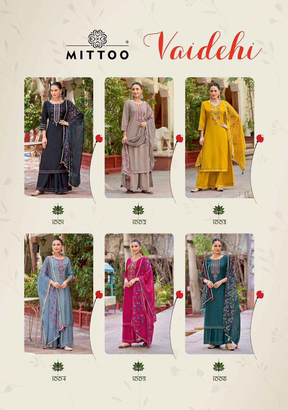 MITTOO VAIDEHI RAYON FANCY WORK DESIGNER SUITS ( 6 PCS CATALOG )