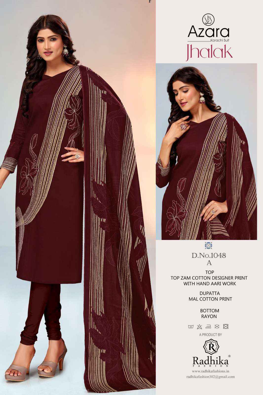 RADHIKA FAHION AZARA JHALAK JAM COTTON FANCY WORK SUIT ( 6 PCS CATALOG )