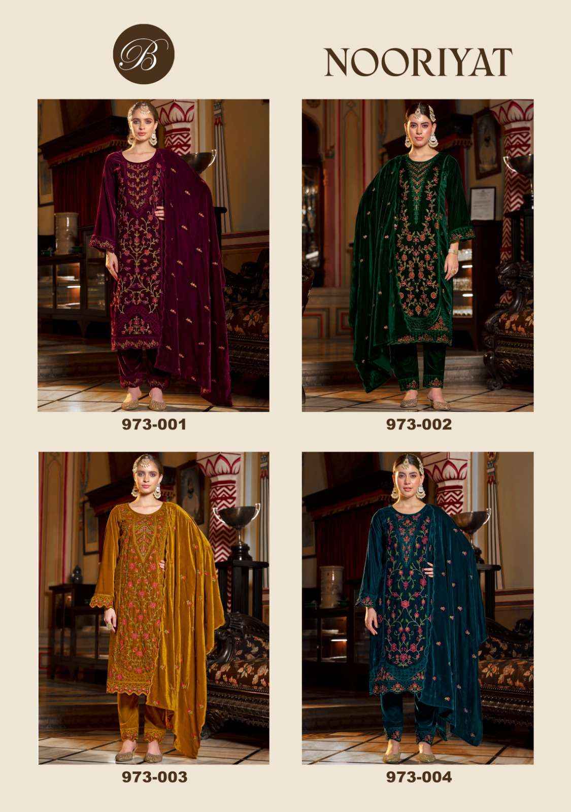 BELLIZA DESIGNER NOORIYAT WHOLESALE VELVET LADIES DESIGNER SUIT ( 4 PCS CATALOG )