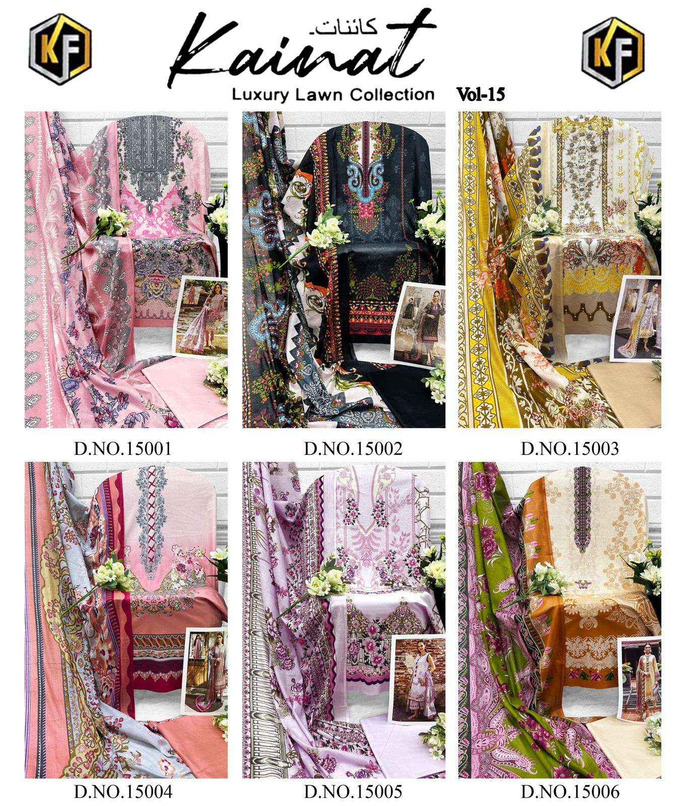 KEVAL FAB KAINAT VOL 15 LAWN COTTON PAKISTANI DRESS MATERIAL ( 6 PCS CATALOG )