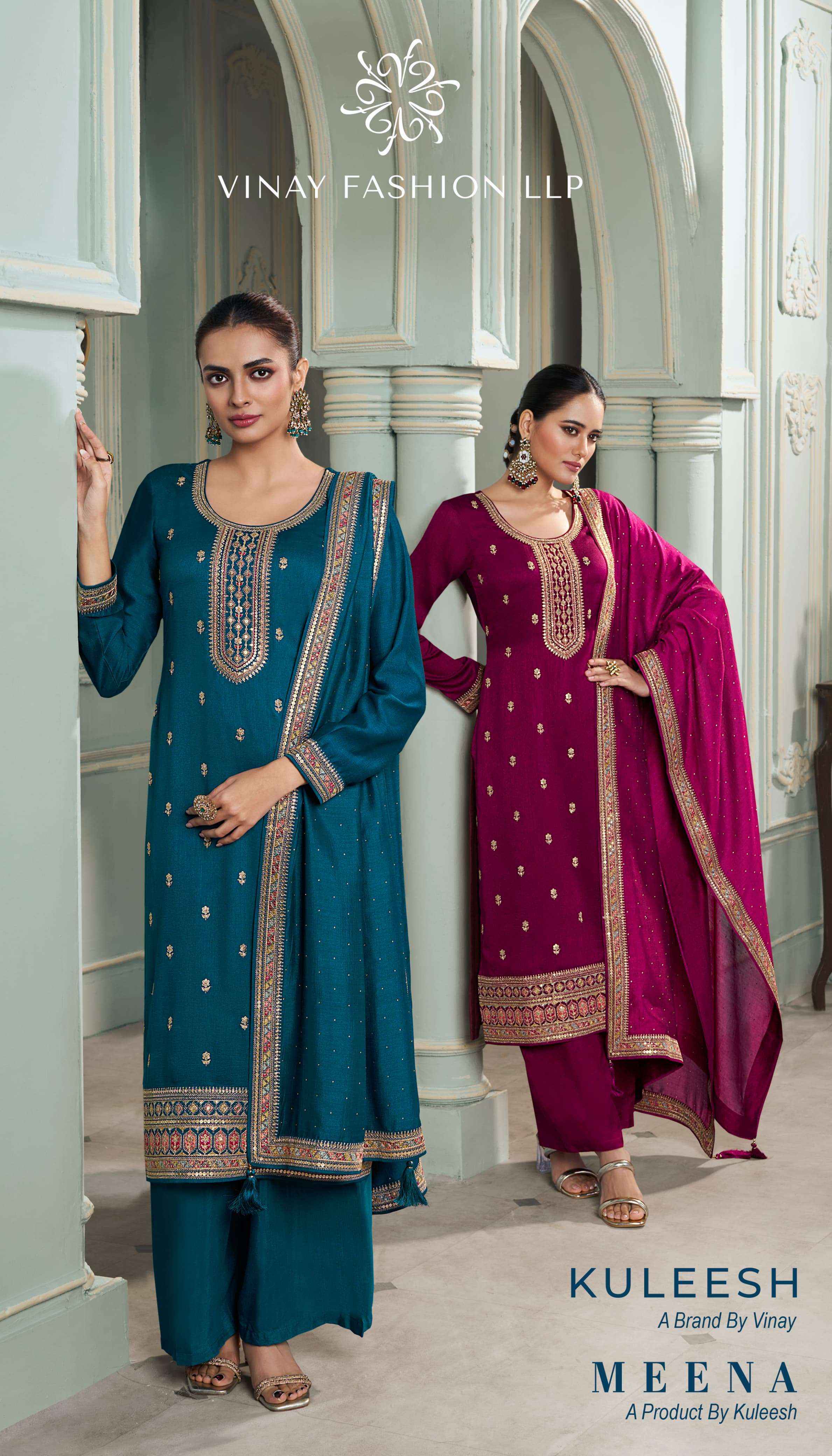 VINAY FASHION KULEESH MEENA SILK GEORGETTE DRESS MATERIAL ( 4 Pcs catalog )