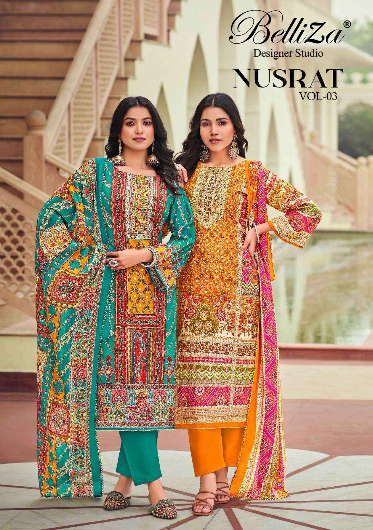 BELLIZA DESIGNER NUSRAT VOL 3 WHOLESALE MUSLIN SALWAR KAMEEZ ( 6 PCS CATALOGUE )