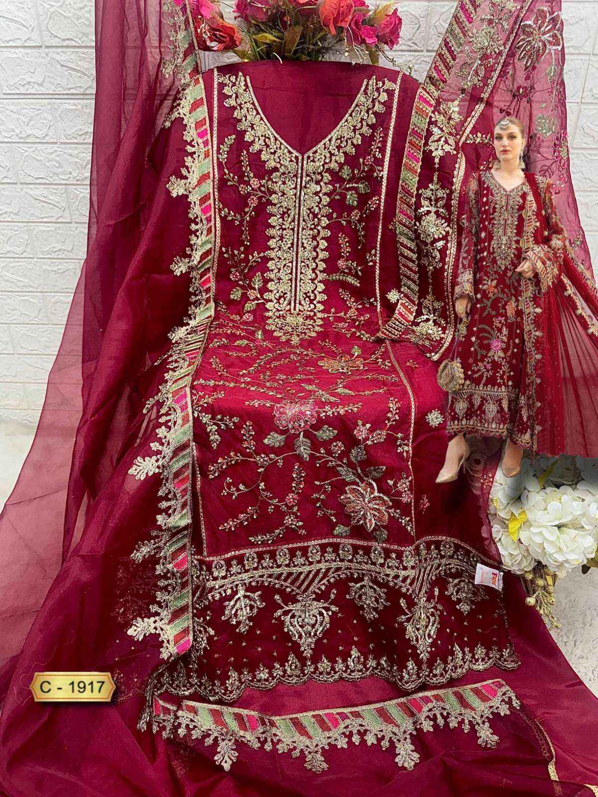 FEPIC ROSEMEEN C 1917 ORGANZA HEAVY EMBROIDERED PAKISTANI SALWAR KAMEEZ WHOLESALE PRICE ( 3 PCS CATAOG )