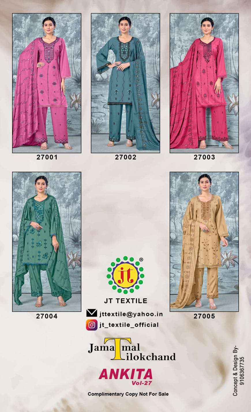 JT ANKITA VOL 27 WHOLESALE RAYON EMBROIDERY WORK SUIT ( 5 pcs catalogue )