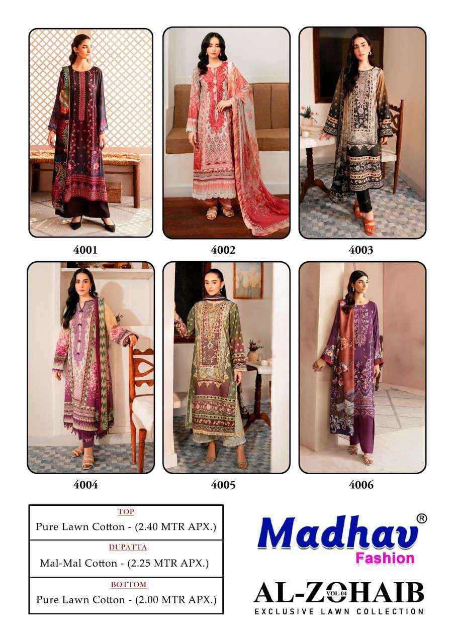 Madhav Fashion Al Zohaib Vol 4 Wholesale Lawn Cotton Salwar Suit ( 6 pcs Catalogue )