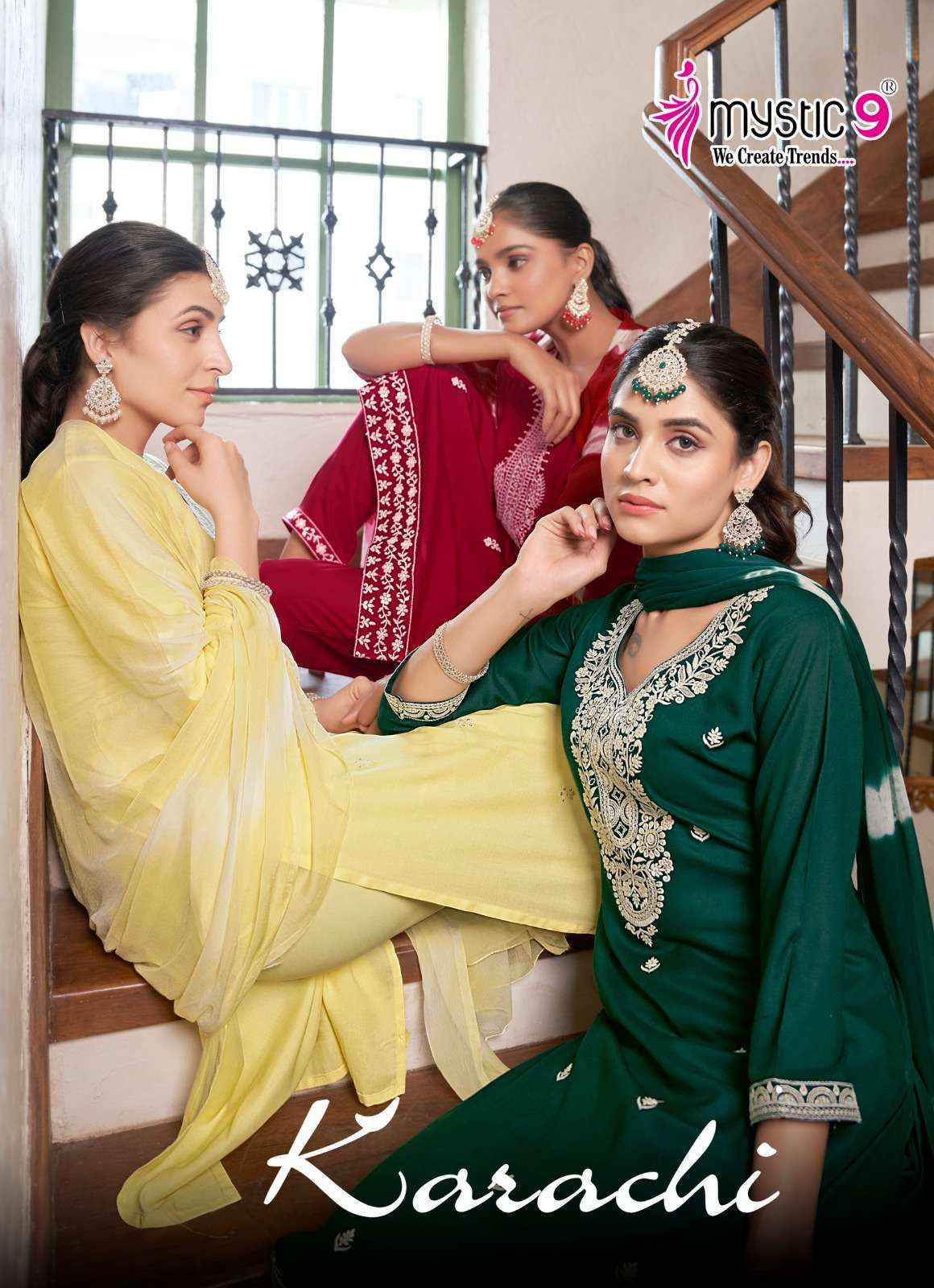 MYSTIC 9 KARACHI VOL 4 RAYON LUCKNOWI WORK DESIGNER SUITS ( 8 PCS CATALOG )