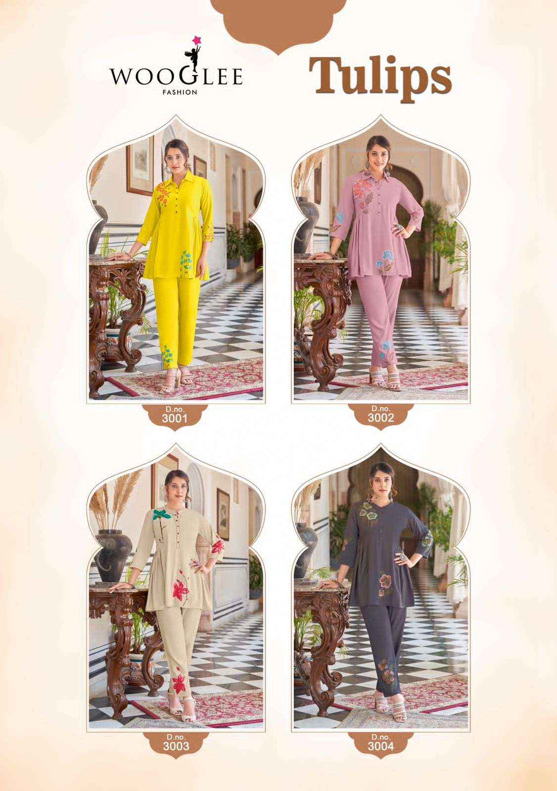 WOOGLEE TULIP WHOLESALE RAYON FANCY CAUSAL LOOKS CO-ORD SET ( 4 PCS CATALOGUE )