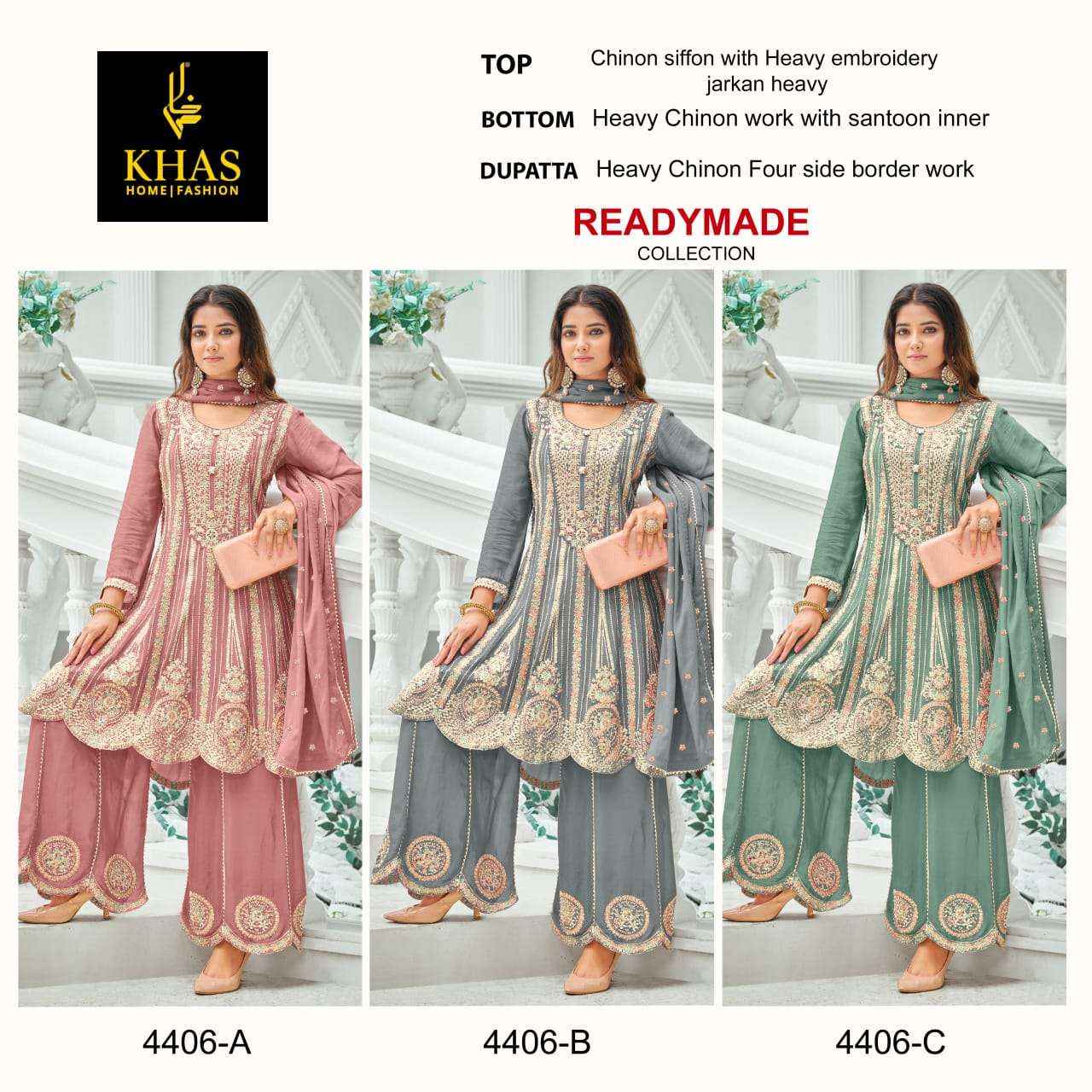 KHAS FASHION D NO 4406 HEAVY BEAUTIFUL EMBROIDERD SUIT WHOLESALE PRICE ( 3 PCS CATALOG )