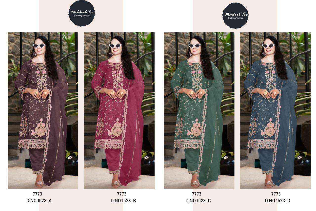 MEHBOOB TEX DESIGN NO - 1523 ABCD ORGANZA HEAVY EMBROIDERED HAND WORK PARTY WEAR SUIT WHOLESALE PRICE ( 4 PCS CATALOG )