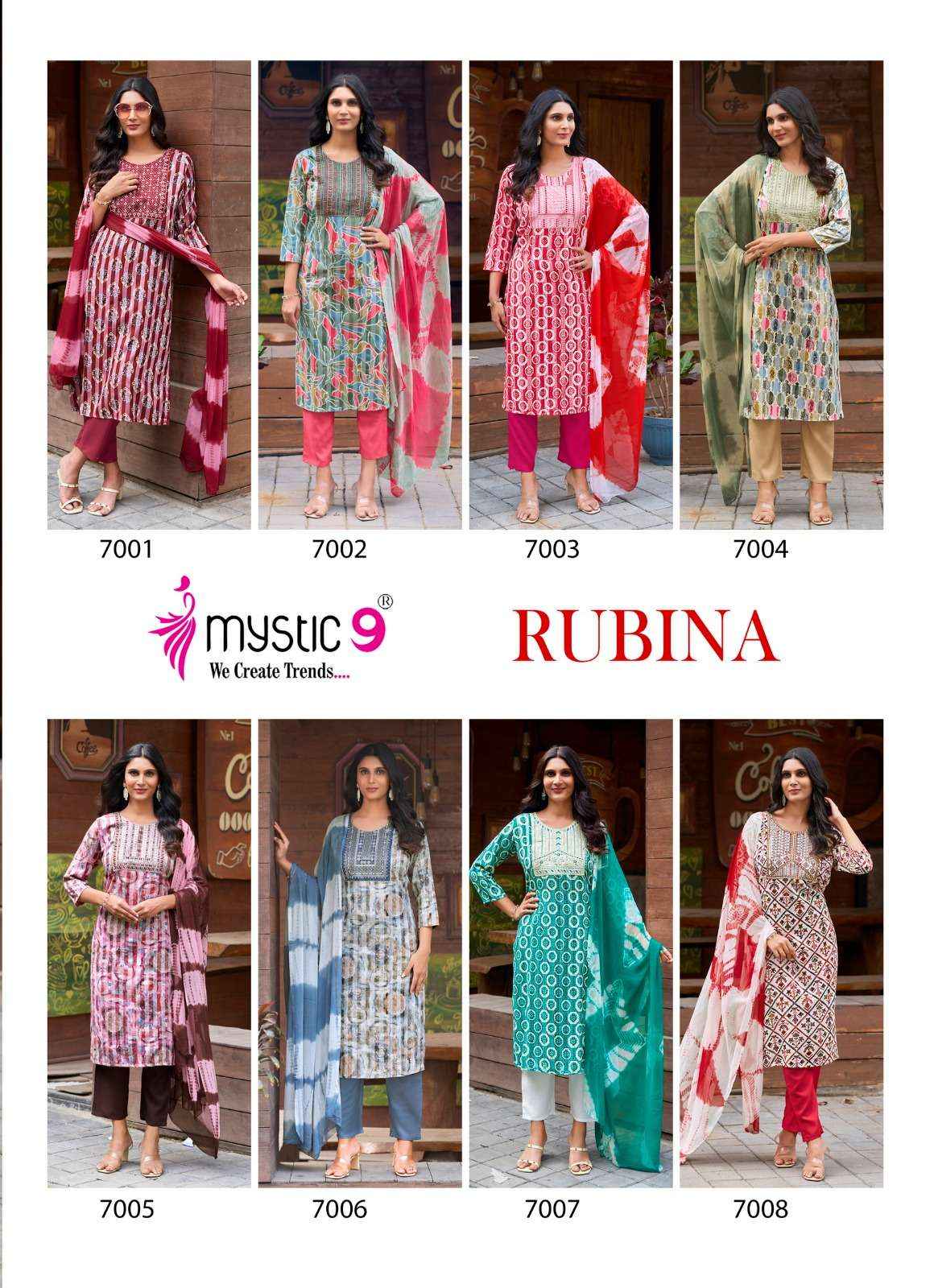 MYSTIC 9 RUBINA VOL 7 RAYON PRINT FANCY WORK KURTI WHOLESALE PRICE ( 8 PCS CATALOG )