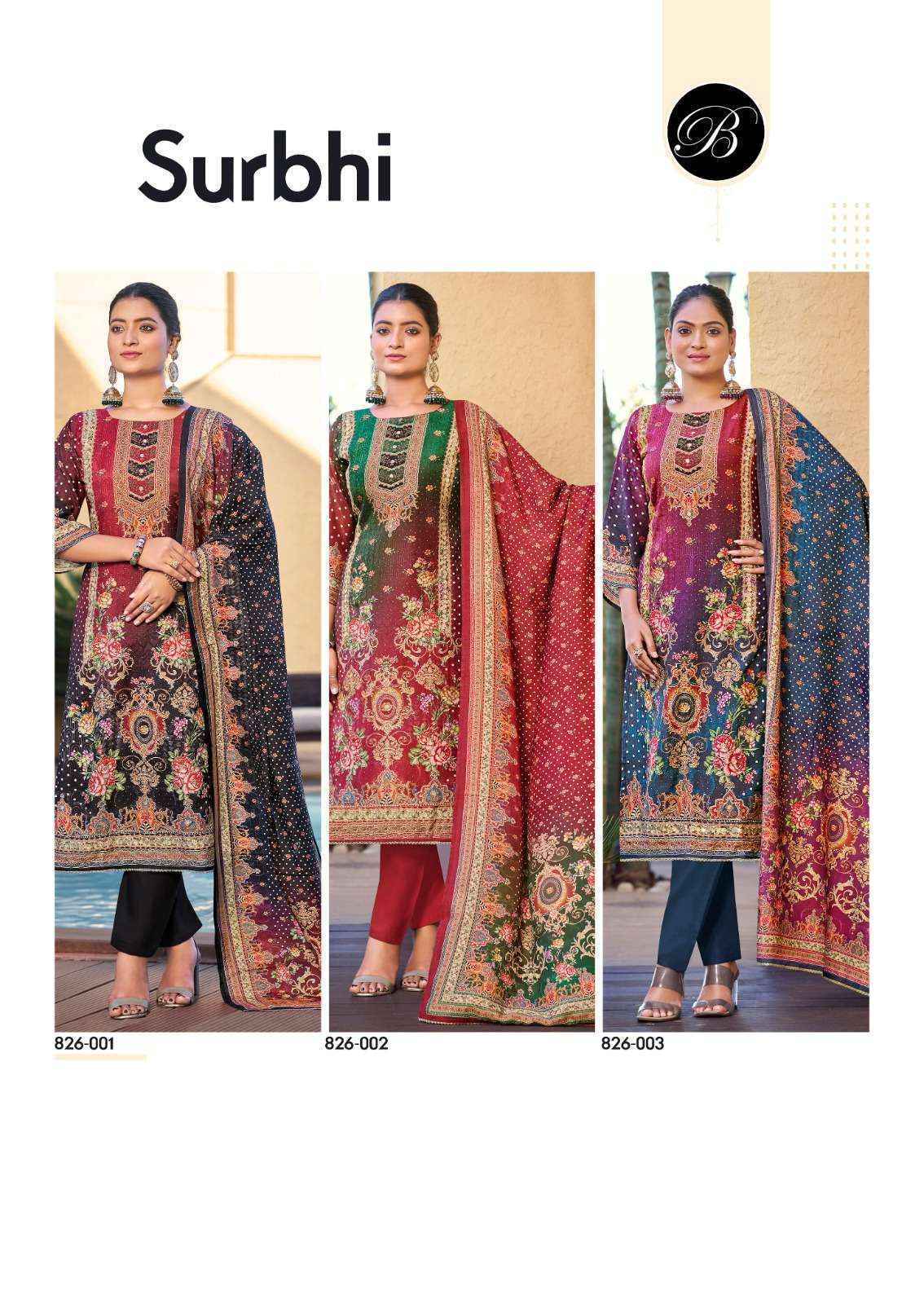 Belliza Designer Surbhi Viscouse Musline Pakistani suits ( 3 pcs Catalogue )