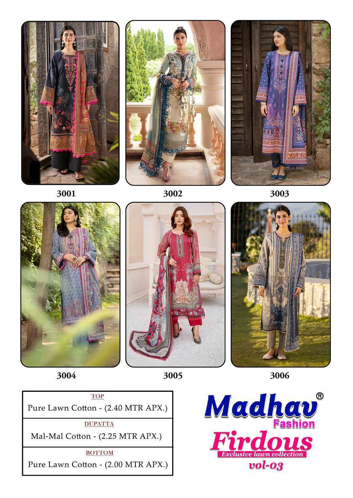 Madhav Fashion Firdous Vol-3 Cotton Pakistani Suits (6 pcs Catalogue)