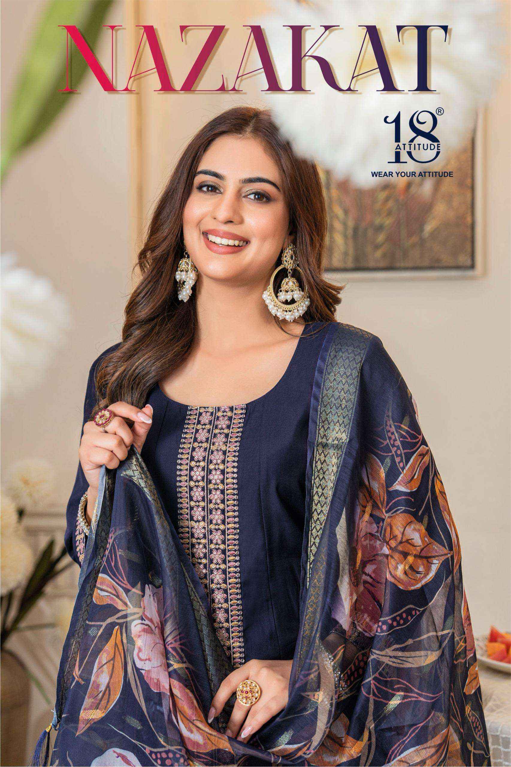 18 ATTITUDE NAZAKAT MUSLIN DESIGNER ANARKALI STYLE READY MADE LADIES DRESS WHOLESALE RATE ( 4 PCS CATALOG )