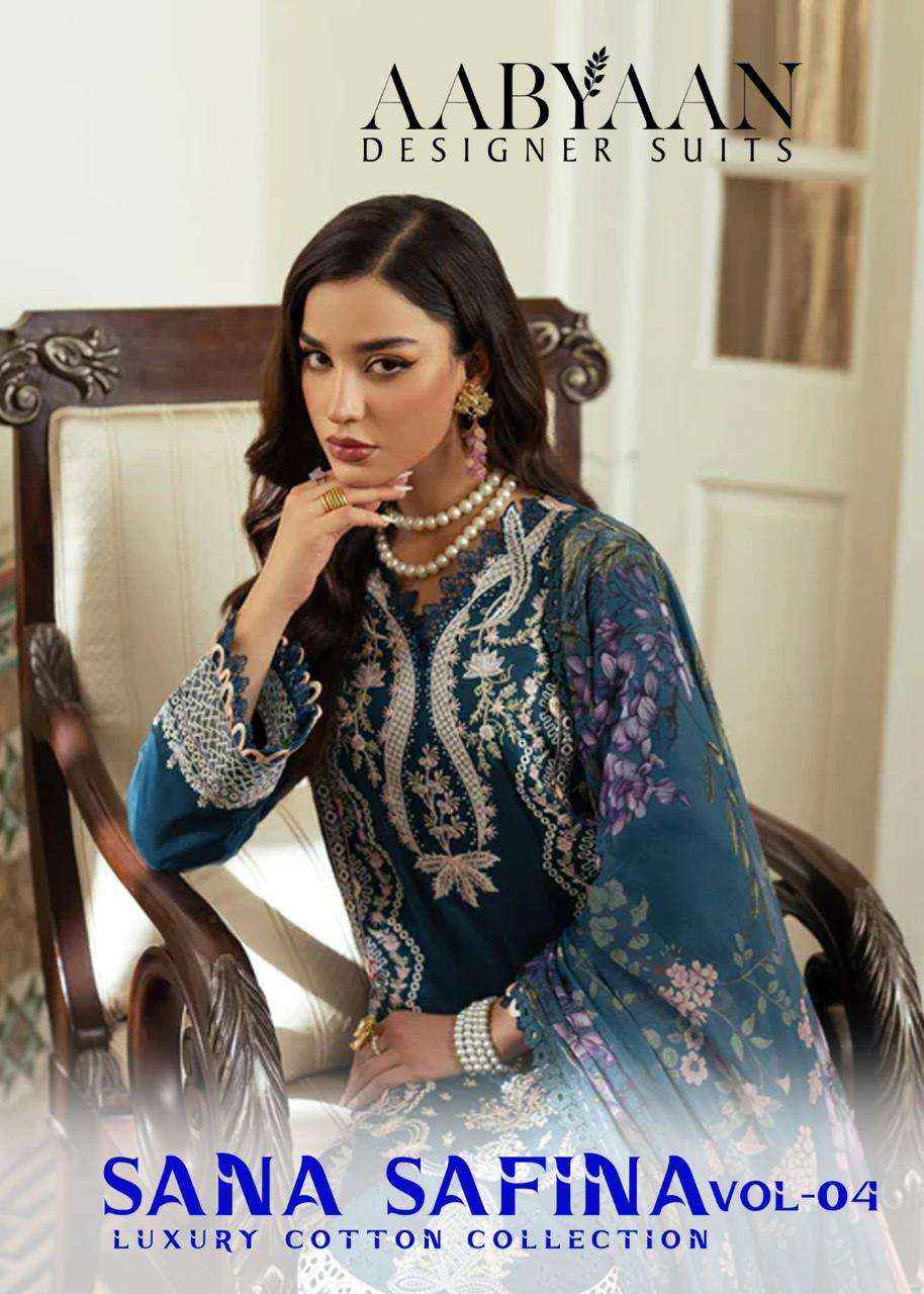AABYAAN DESIGNER SUIT SANA SAFINA VOL 4 COTTON DIGITAL KARACHI PRINT SUIT WHOLESALE RATE ( 6 PCS CATALOG )