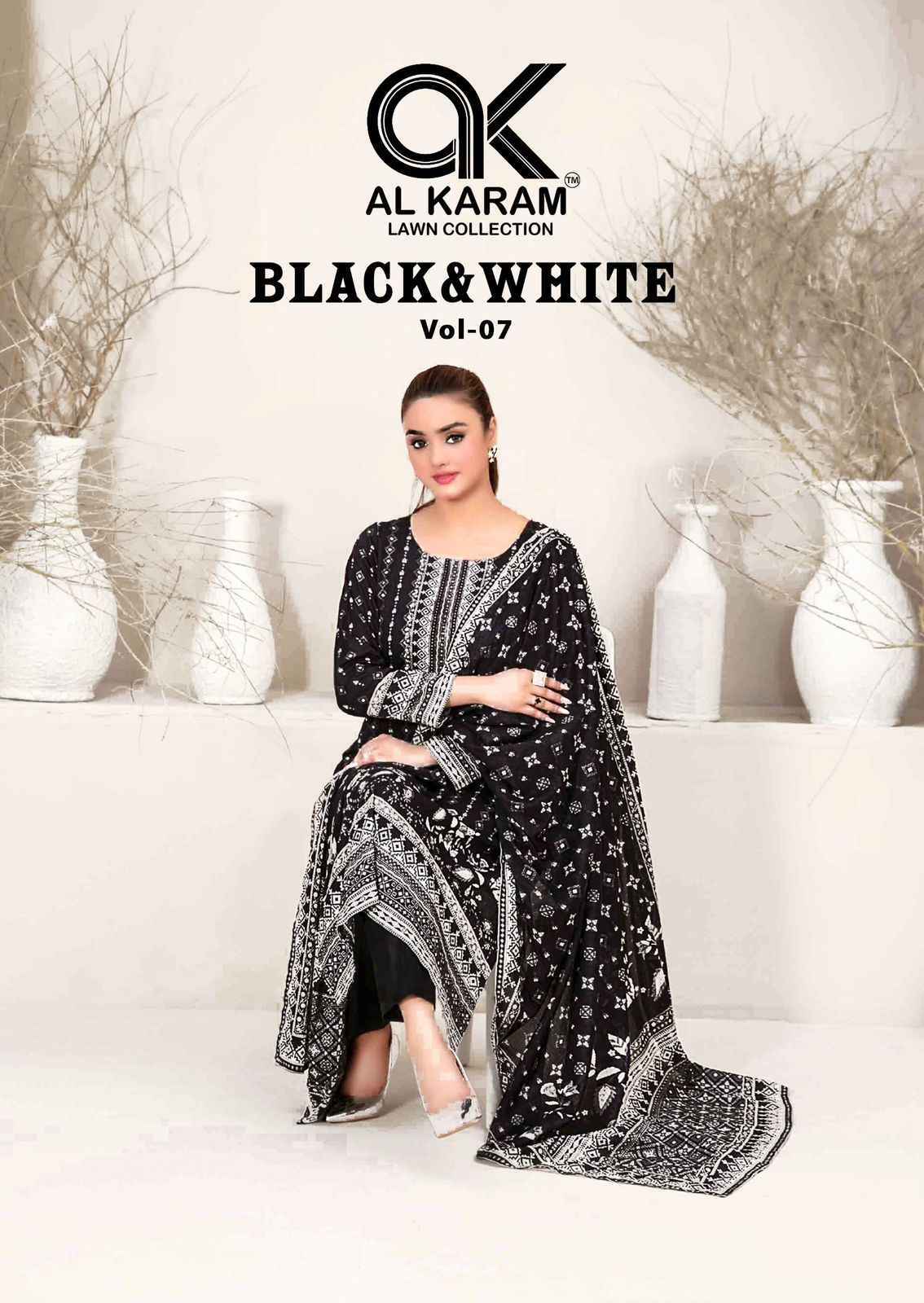AL KARAM BLACK & WHITE VOL-7 SUITS - PURE CAMBRICE COTTON DRESS MATERIAL AT WHOLESALE PRICE ( 6 PCS CATALOG )