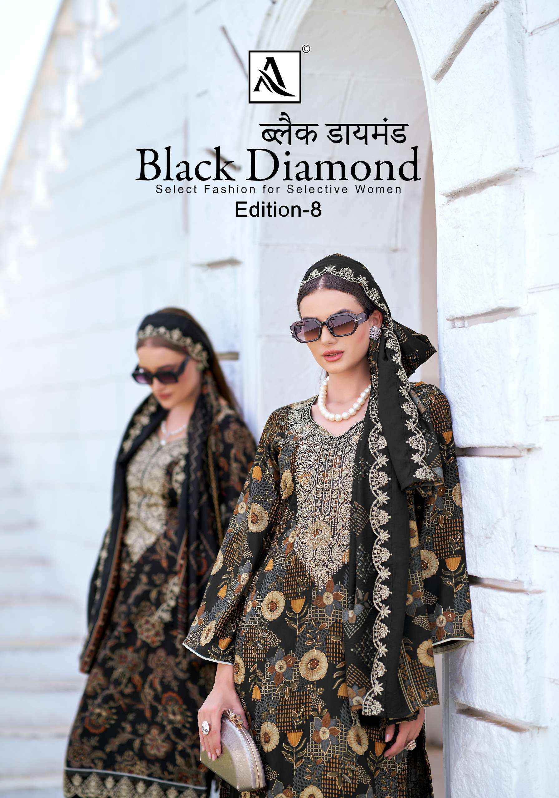 ALOK SUITS BLACK DIAMOND EDITION 8 RAYON PRINT WITH FANCY EMBROIDERY WORK SUIT WHOLESALE RATE ( 6 PCS CATALOG )