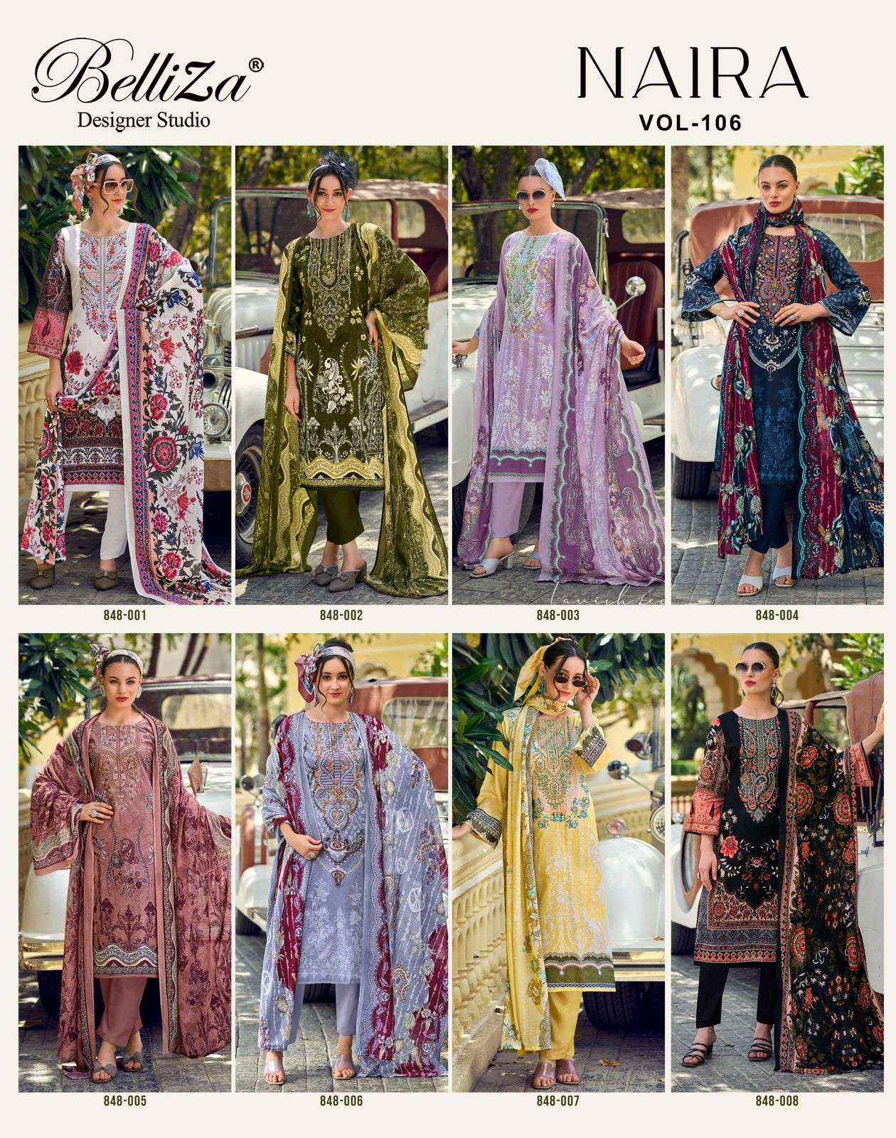 BELLIZA DESIGNER STUDIO NAIRA VOL 106 COTTON PRINT WITH FANCY WORK DRESS WHOLESALE RATE ( 8 PCS CATALOG )