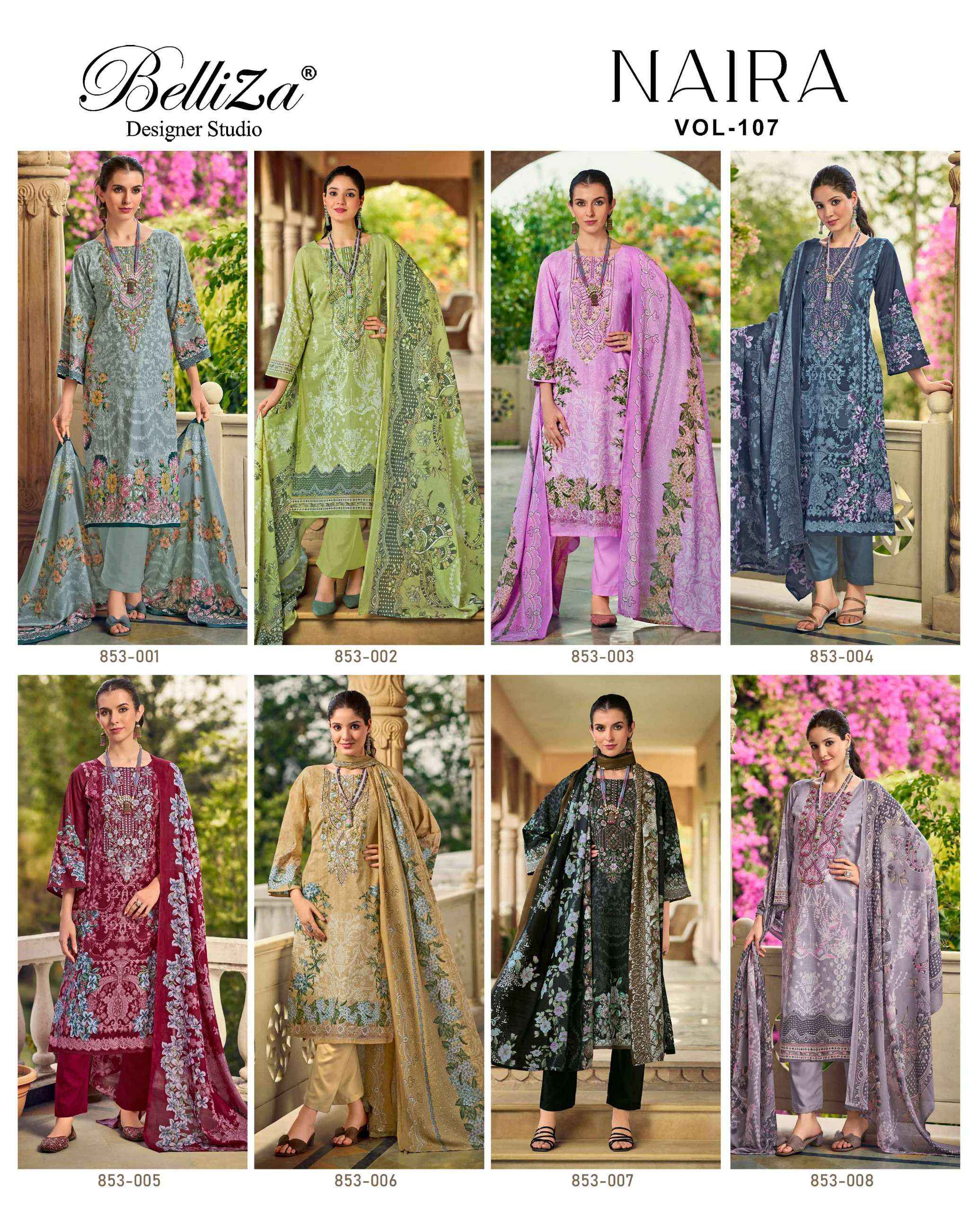 BELLIZA DESIGNER STUDIO NAIRA VOL 107 COTTON PRINT WITH FANCY WORK SUIT WHOLESALE RATE ( 8 PCS CATALOG )