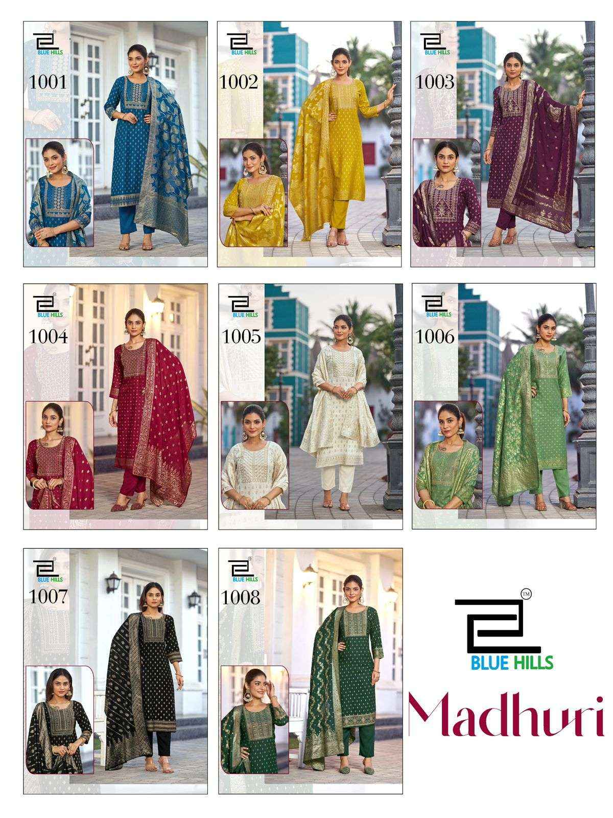 BLUE HILLS MADHURI RAYON FANCY EMBROIDERY WORKS LADIES READYMADE SUIT WHOLESALE RATE ( 8 PCS CATALOG )
