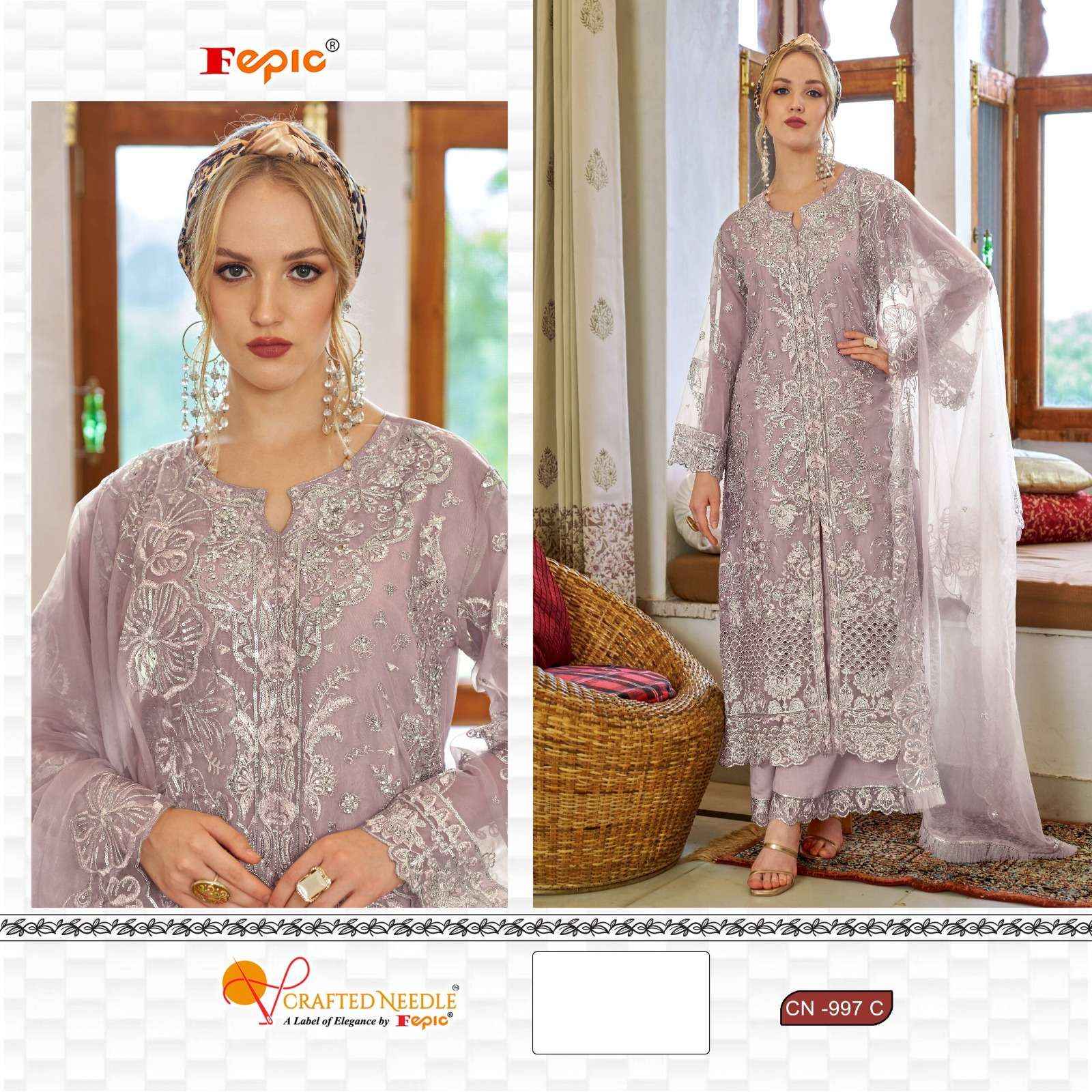 FEPIC CRAFTED NEEDLE CN 997 ORGANZA HEAVY EMBROIDERED SALWAR SUIT WHOLESALE PRICE ( 3 PCS CATALOG )