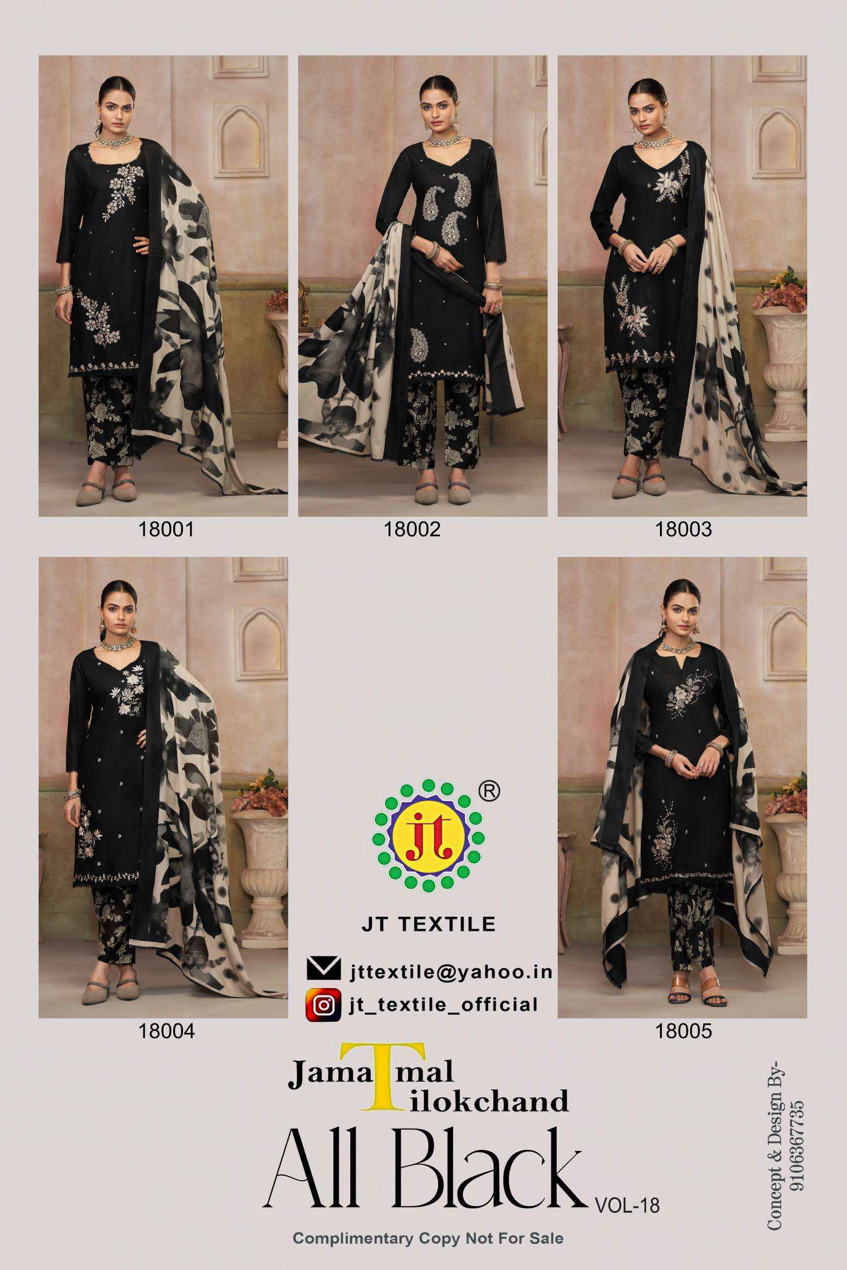 JT ALL BLACK 18 RAYON FANCY EMBROIDERY WORK SUIT WHOLESALE PRICE ( 5 PCS CATALOGUE )