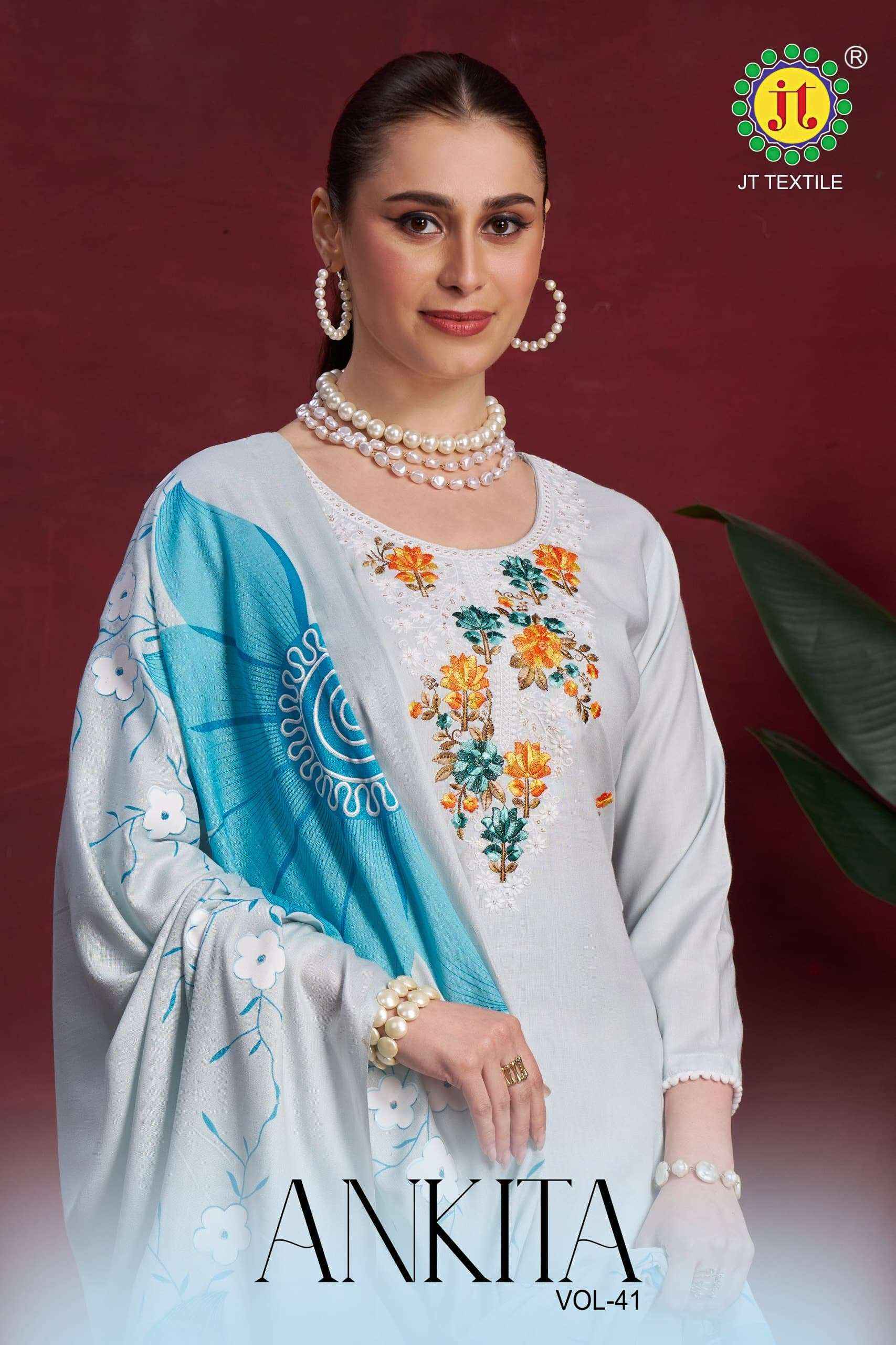JT ANKITA VOL 41 RAYON FANCY PREMIUM WORKS SUIT LATEST CATALOG ( 5 PCS CATALOG )