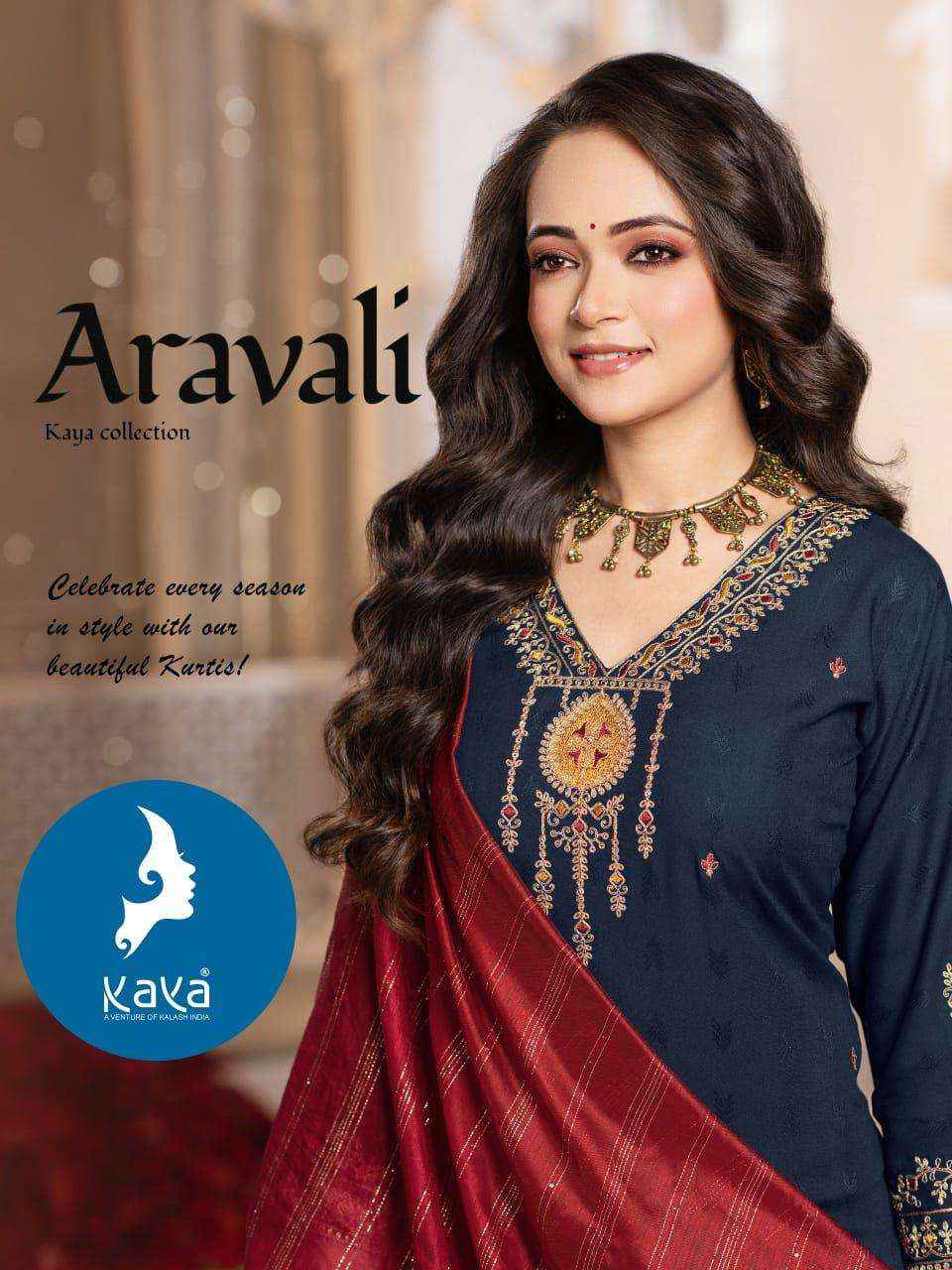 KAYA ARAVALI RAYON FANCY EMBROIDERY WORKS LADIES KURTI COMO SET  WHOLESALE RATE ( 6 PCS CATALOG )