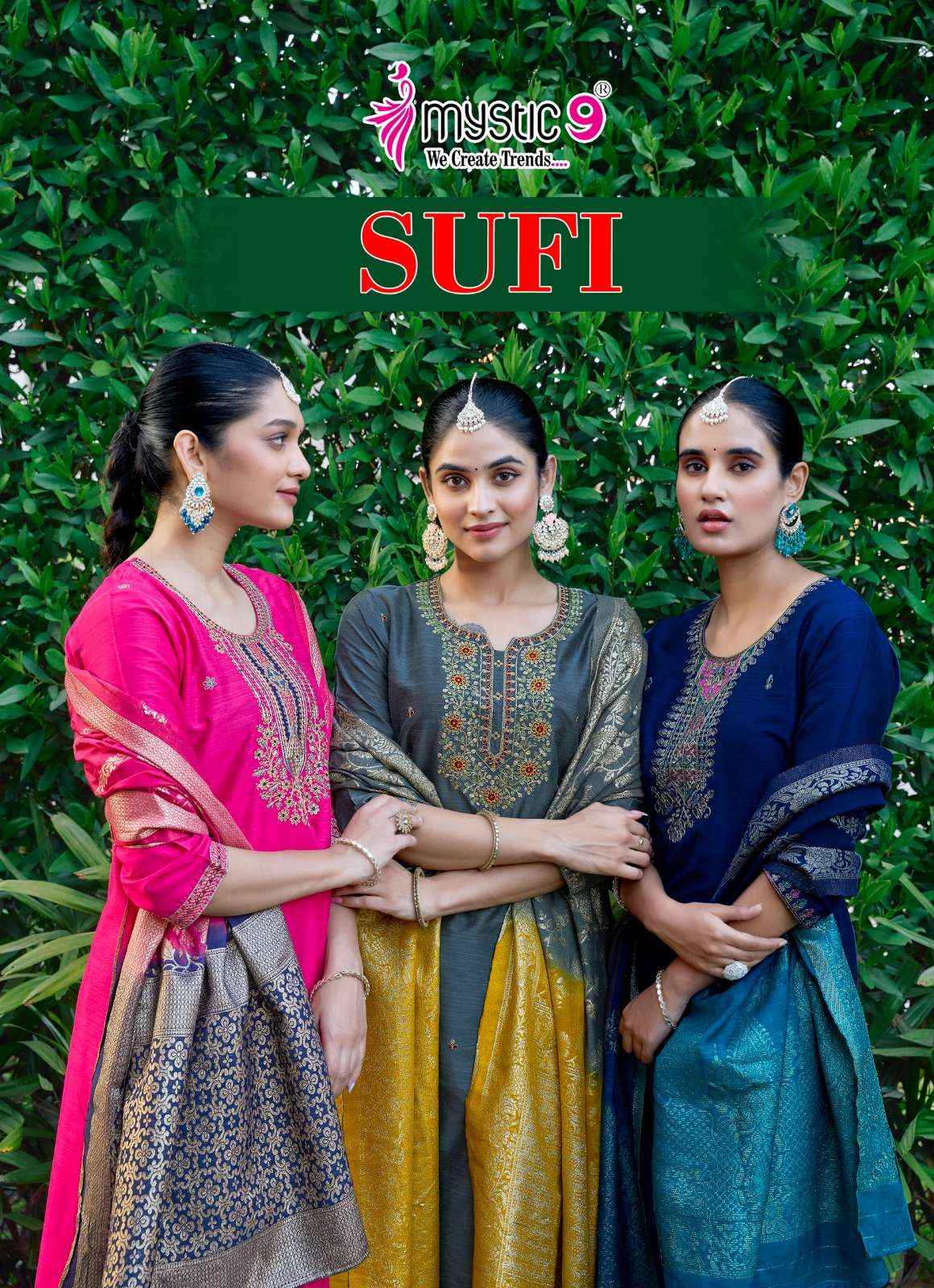 MYSTIC 9 SUFI VOL 1 BANGLORE SILK FANCY EMBROIDERY READYMADE COMBO SET WHOLESALE PRICE ( 8 PCS CATALOG )