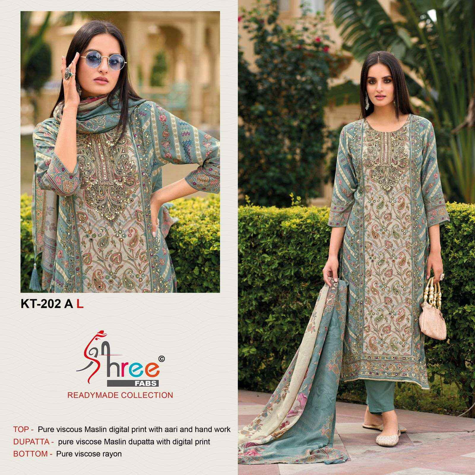 SHREE FABS KT 202 VISCOSE DIGITAL PRINT WITH HAND WORK DESIGNER SUIT WHOLESALE RATE ( 4 PCS CATALOG )