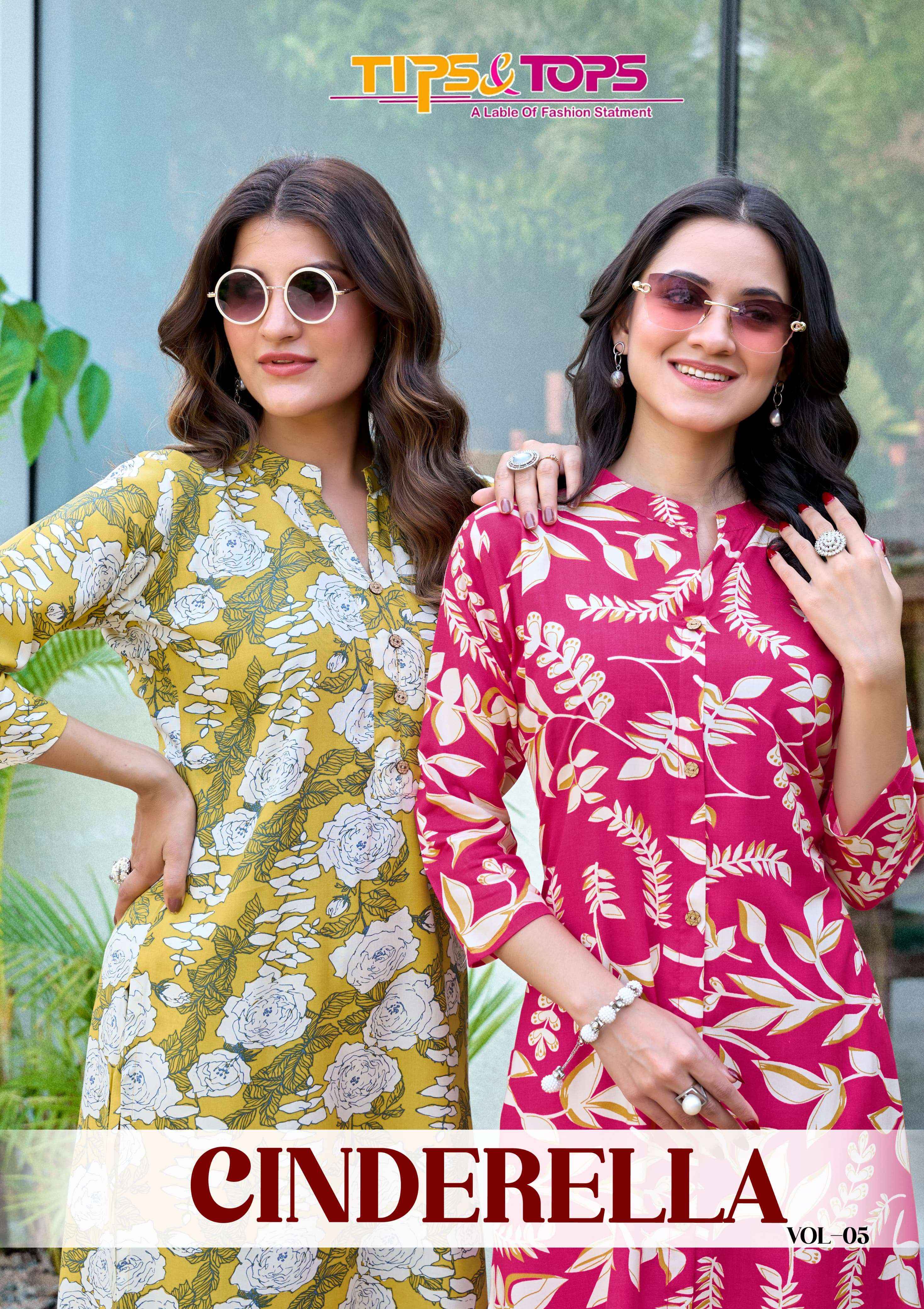 TIPS AND TOPS CINDERELLA VOL 5 RAYON PRINT FANCY KURTI WITH BOTTOM PAIR WHOLESALE RATE ( 6 PCS CATALOG )