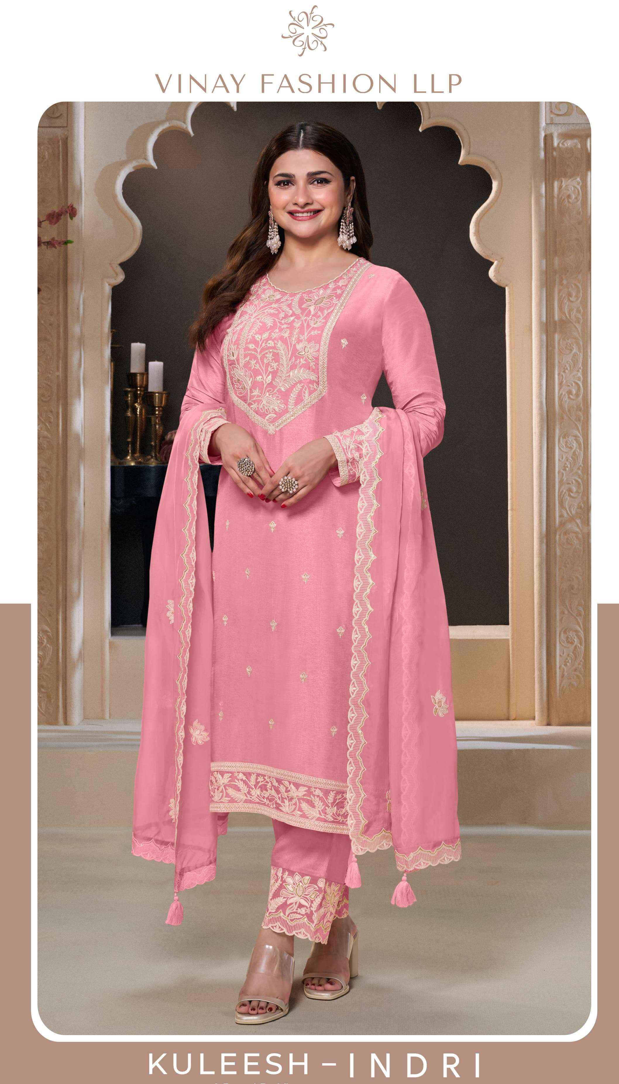 VINAY FASHION KULEESH INDRI SILK DESIGNER HEAVY FESTIVE WEAR  DRESS MATERIAL WHOLESALE RATE ( 4 PCS CATALOG )