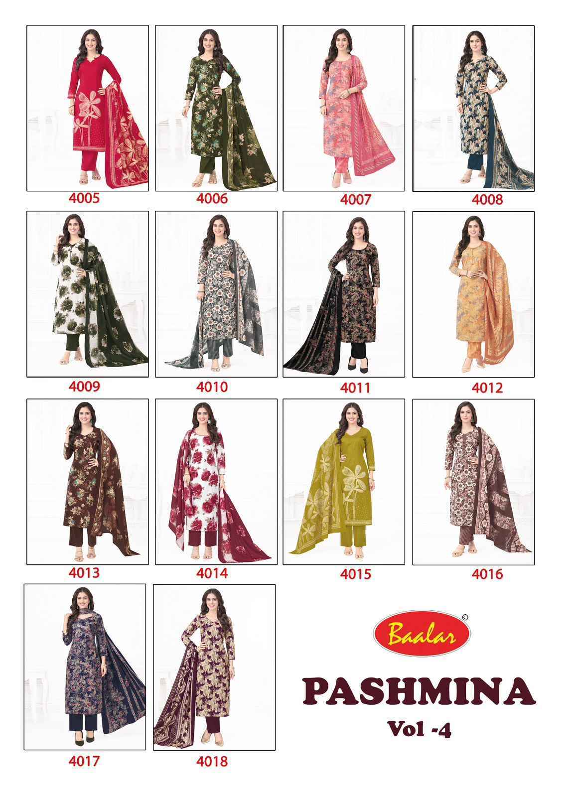 Baalar Pashmina Vol 4 Lawn Cotton Dress Material Surat Textile Wholesale (18 pcs Catalogue