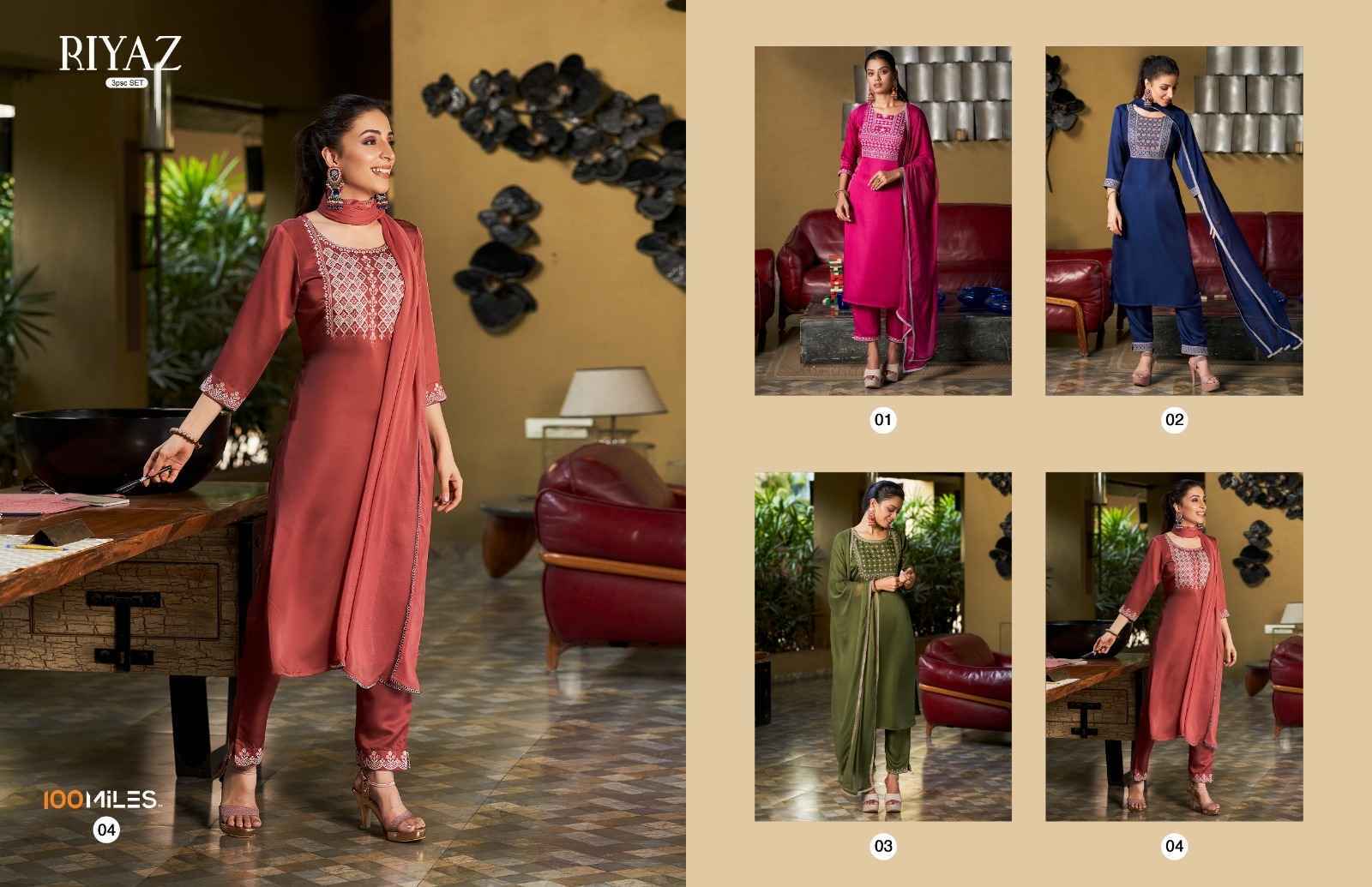 100 Miles Riyaz 3 Fancy Kurti Combo 4 pcs Catalogue