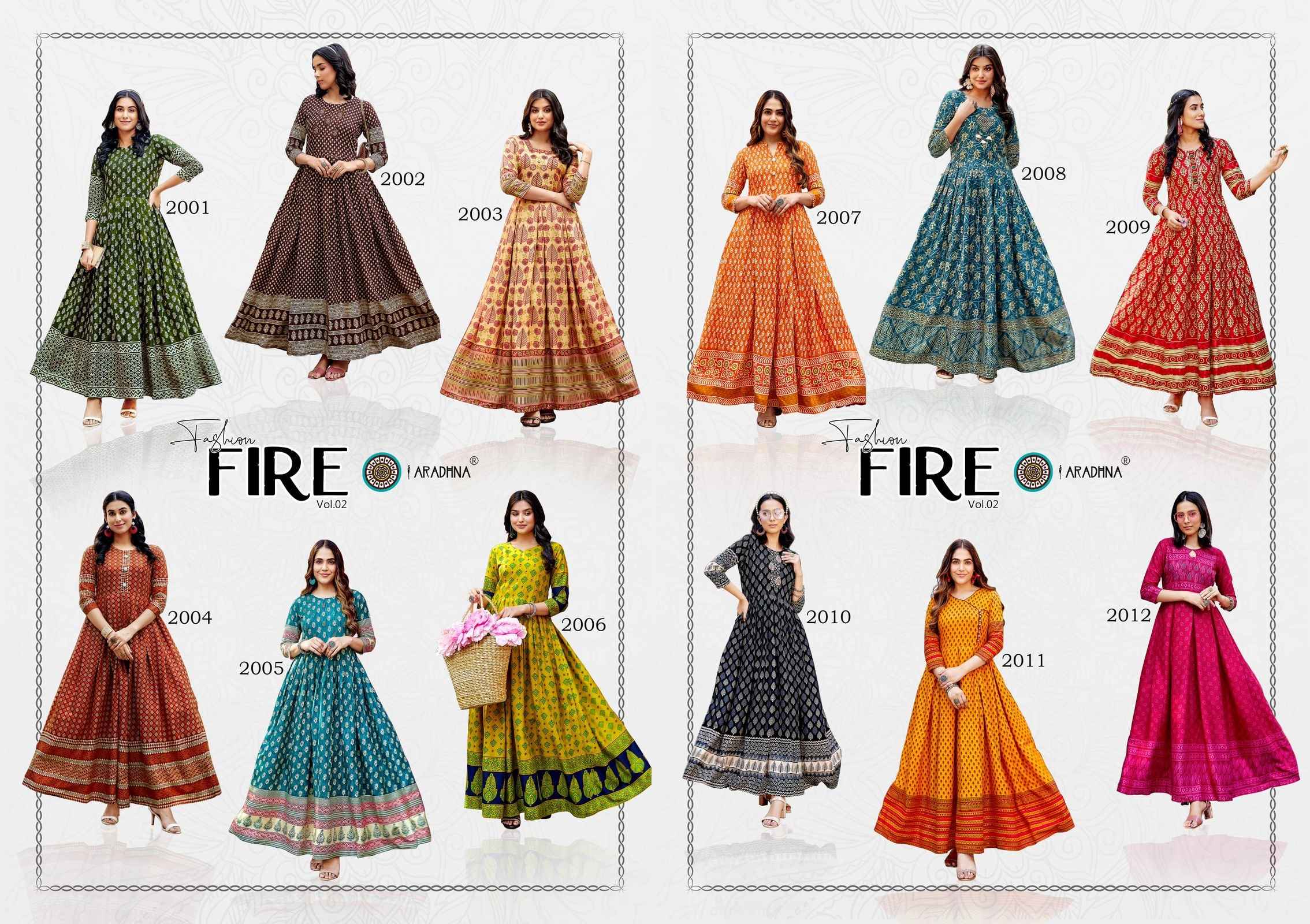 ARADHNA FASHION FIRE VOL-2 RAYON PRINT WITH EMBROIDERY WORK FANCY LONG GOWNS