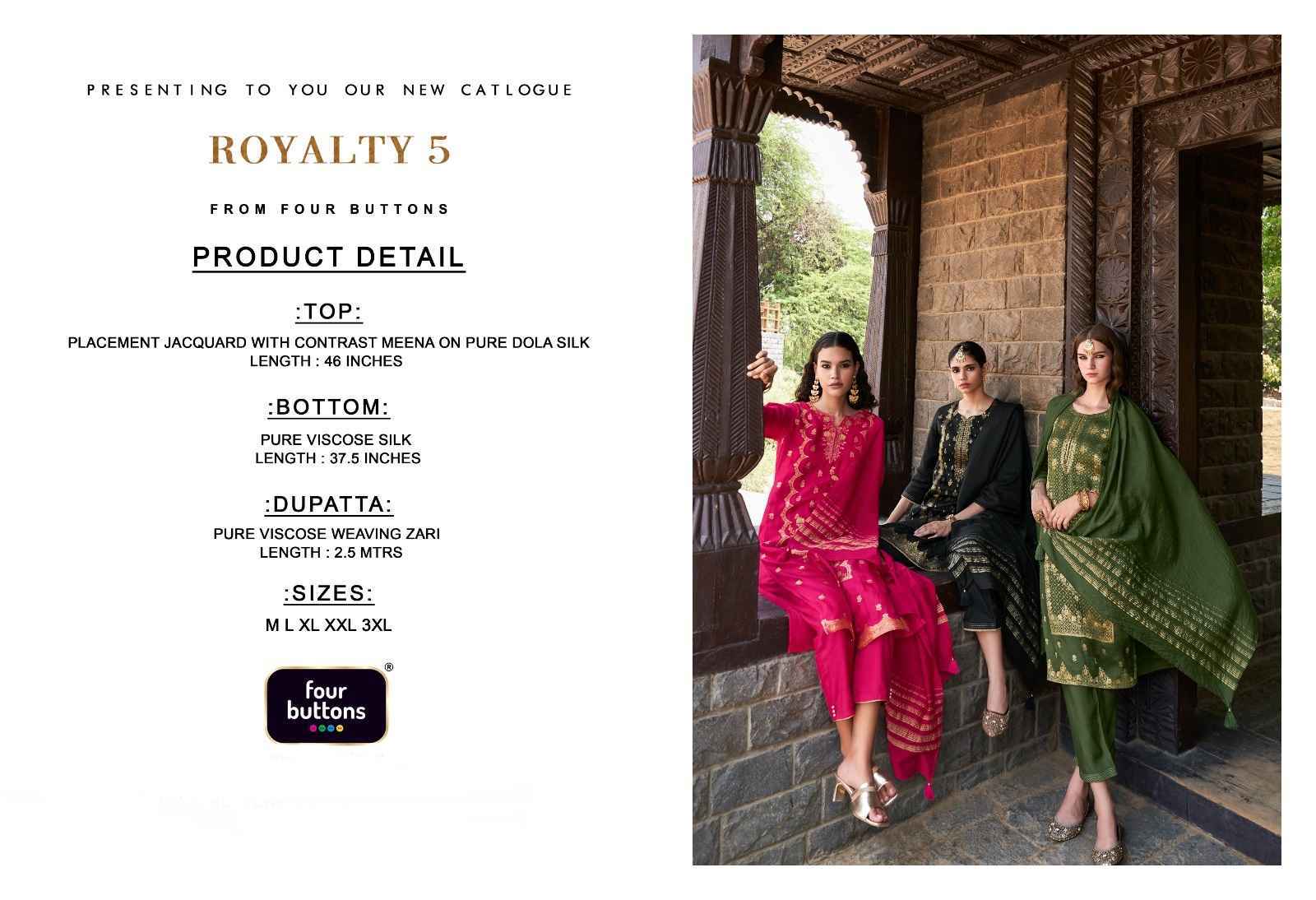 Four Buttons Royalty Vol-5 Readymade Jacquard Dress 6 pcs Catalogue