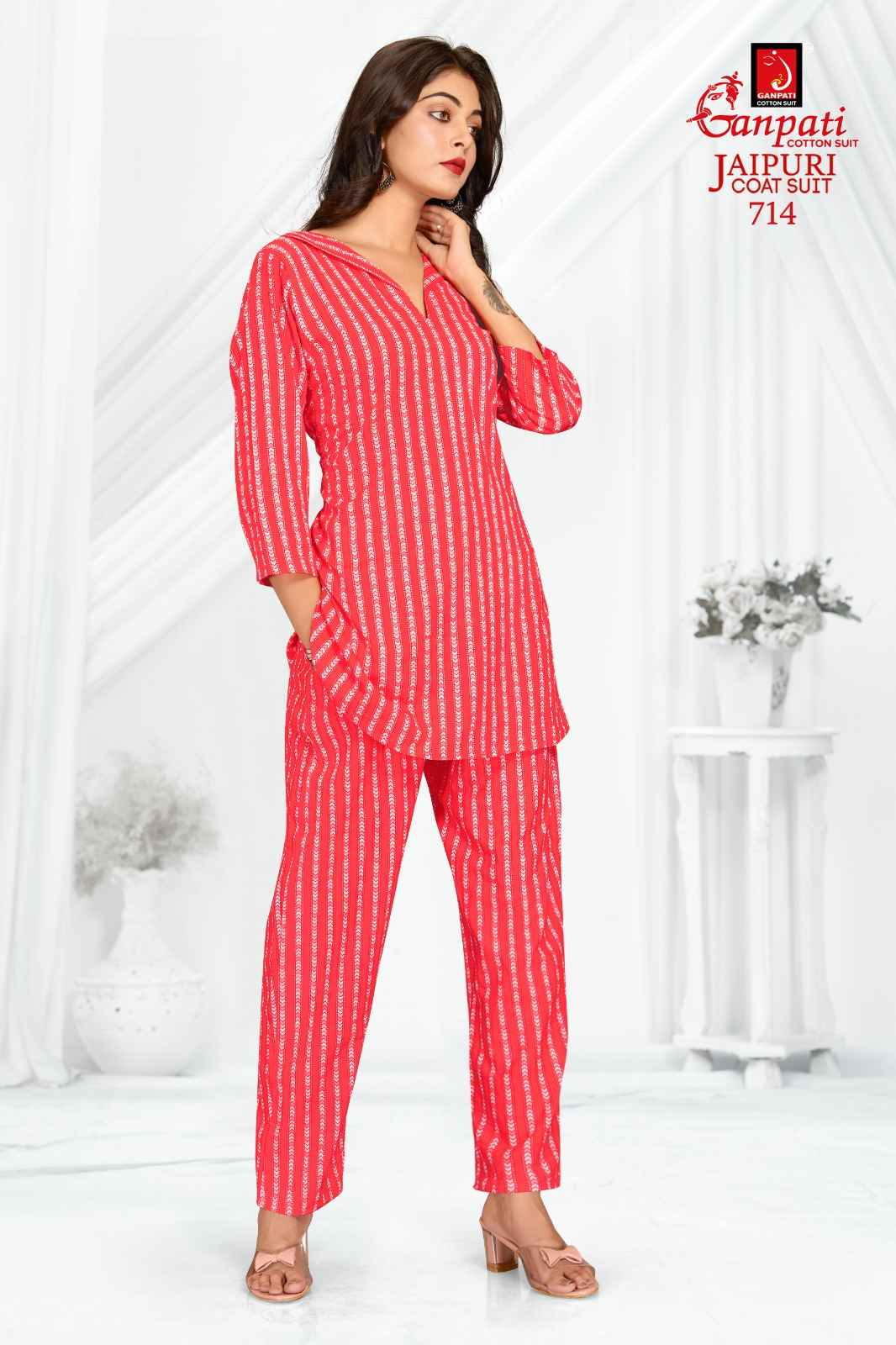 GANPATI JAIPURI COAT SUIT VOL 3 COTTON PRINT FANCY TUNIC WITH PANT CORD