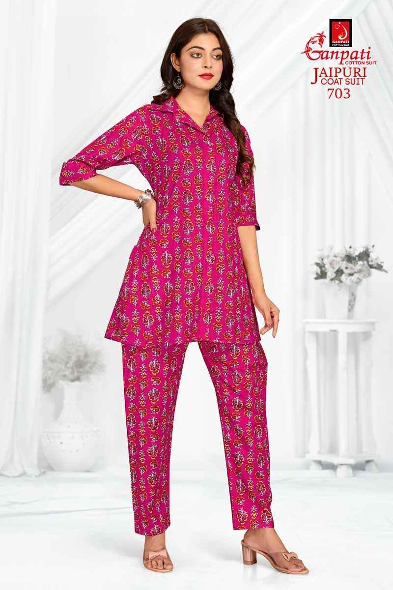 GANPATI JAIPURI COAT SUIT VOL 3 COTTON PRINT FANCY TUNIC WITH PANT CORD