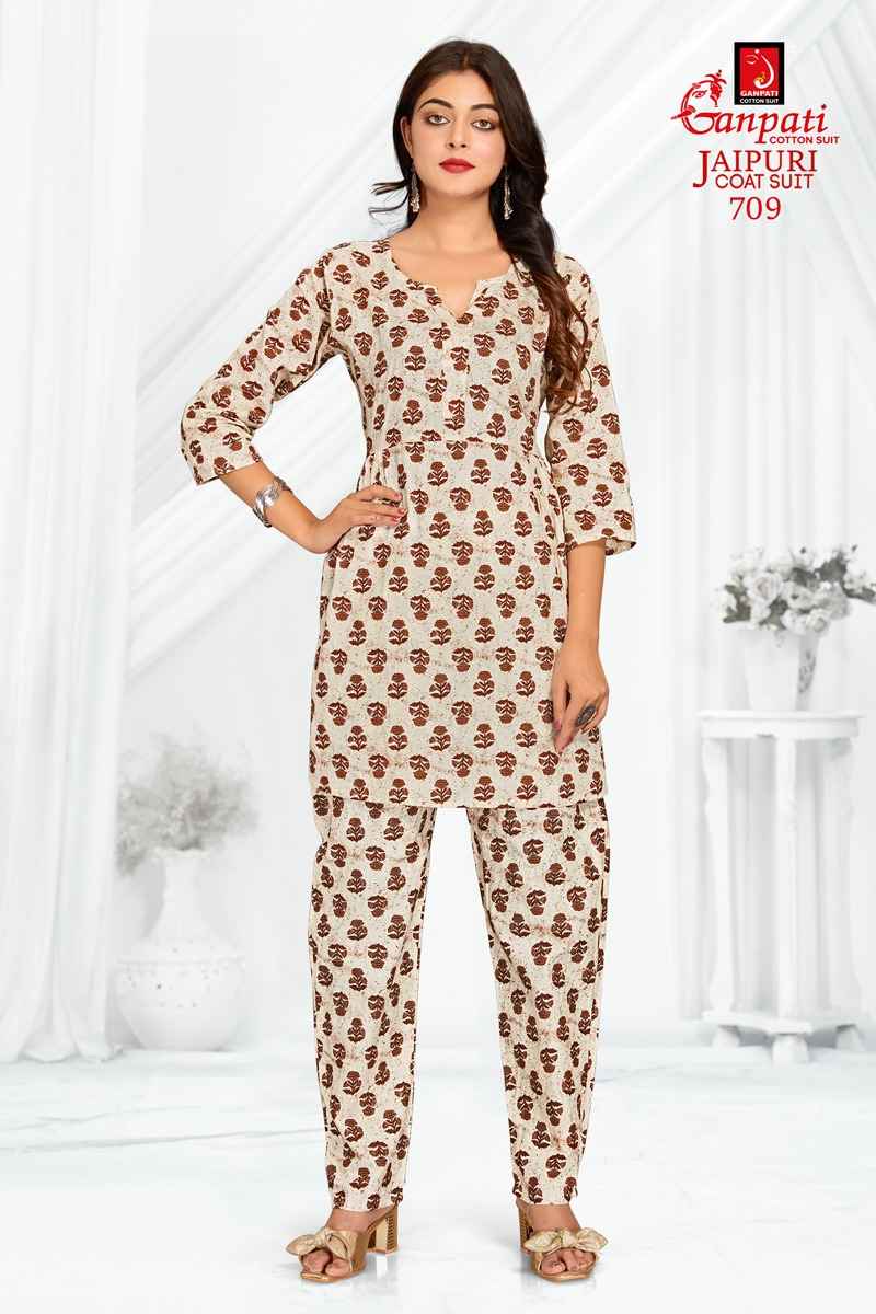 GANPATI JAIPURI COAT SUIT VOL 3 COTTON PRINT FANCY TUNIC WITH PANT CORD