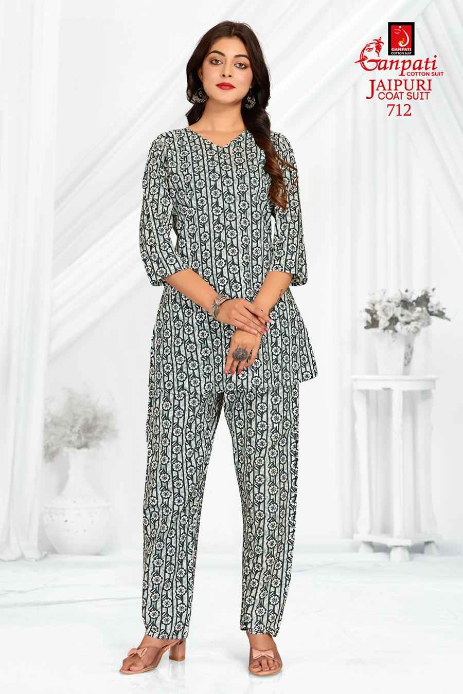 GANPATI JAIPURI COAT SUIT VOL 3 COTTON PRINT FANCY TUNIC WITH PANT CORD