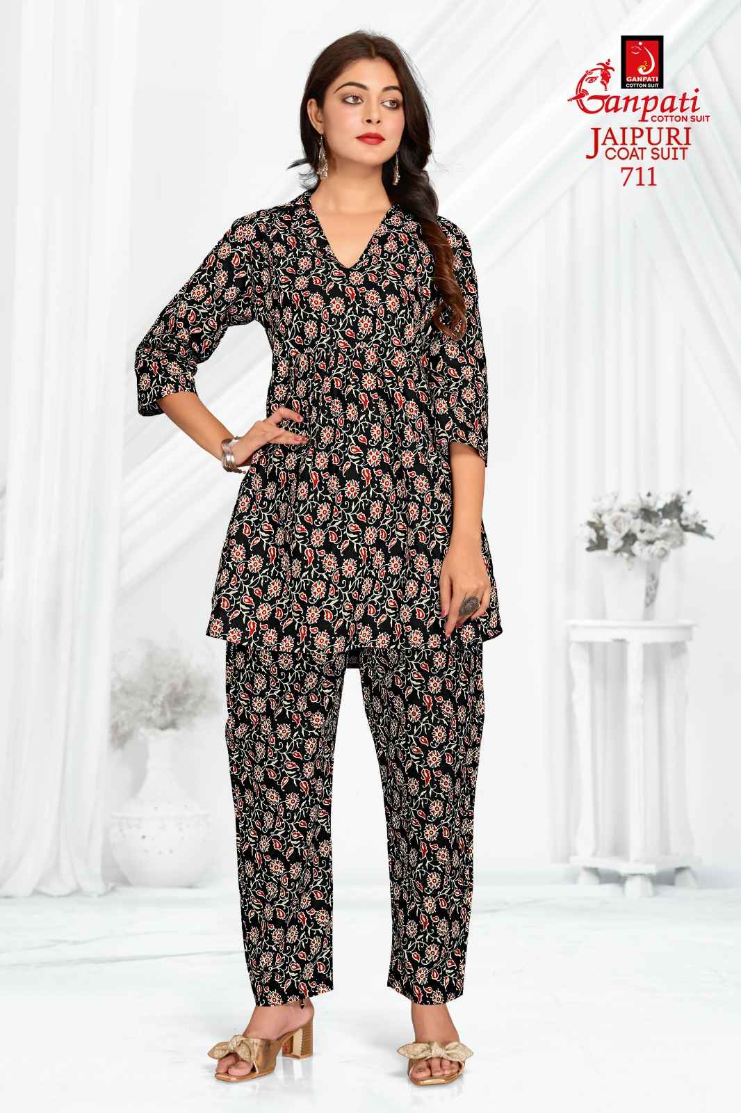 GANPATI JAIPURI COAT SUIT VOL 3 COTTON PRINT FANCY TUNIC WITH PANT CORD
