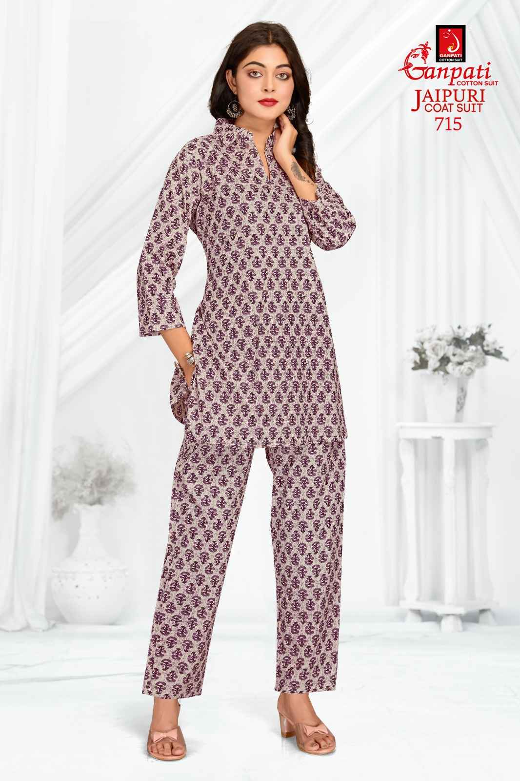 GANPATI JAIPURI COAT SUIT VOL 3 COTTON PRINT FANCY TUNIC WITH PANT CORD