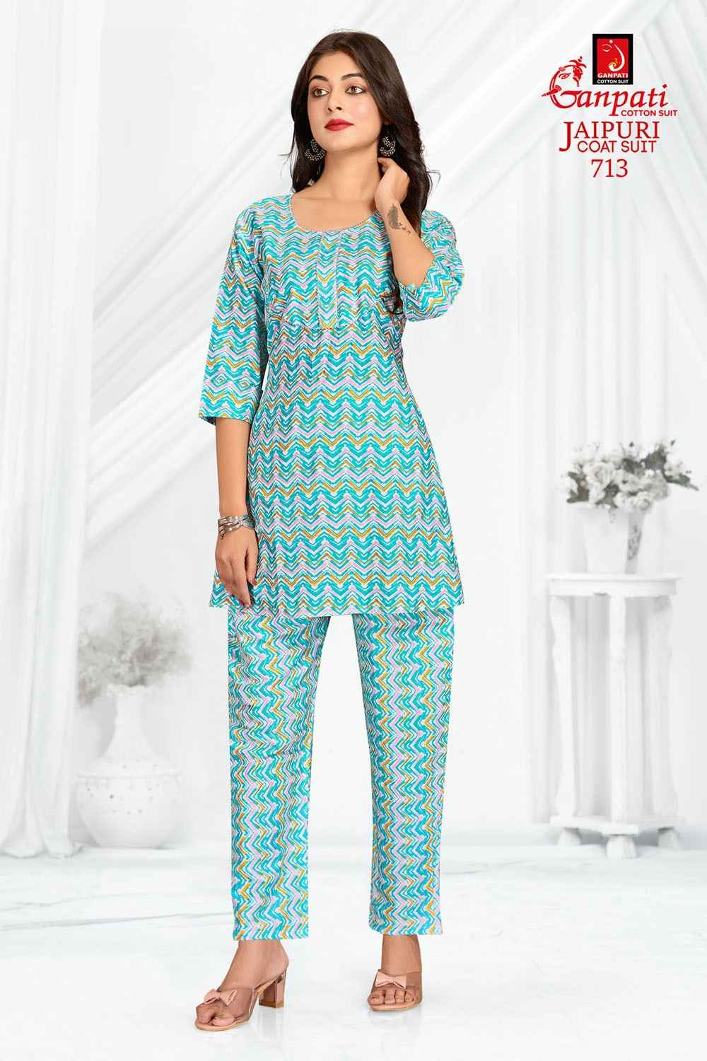 GANPATI JAIPURI COAT SUIT VOL 3 COTTON PRINT FANCY TUNIC WITH PANT CORD