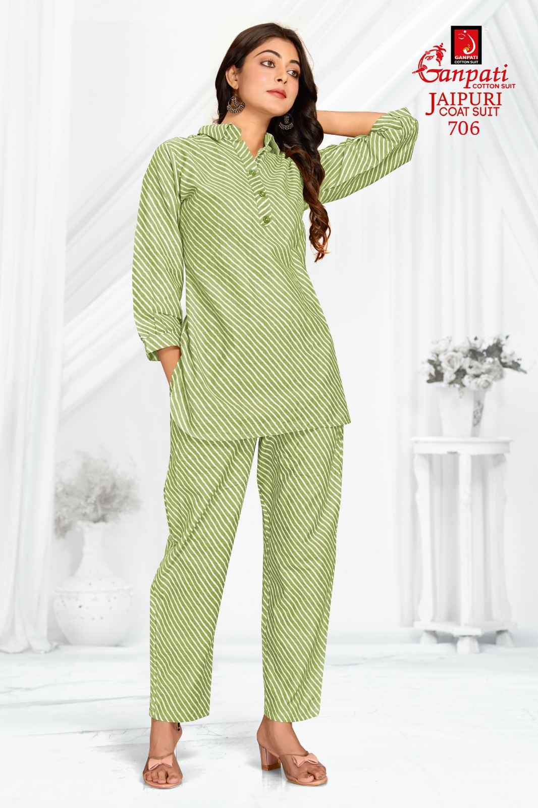 GANPATI JAIPURI COAT SUIT VOL 3 COTTON PRINT FANCY TUNIC WITH PANT CORD